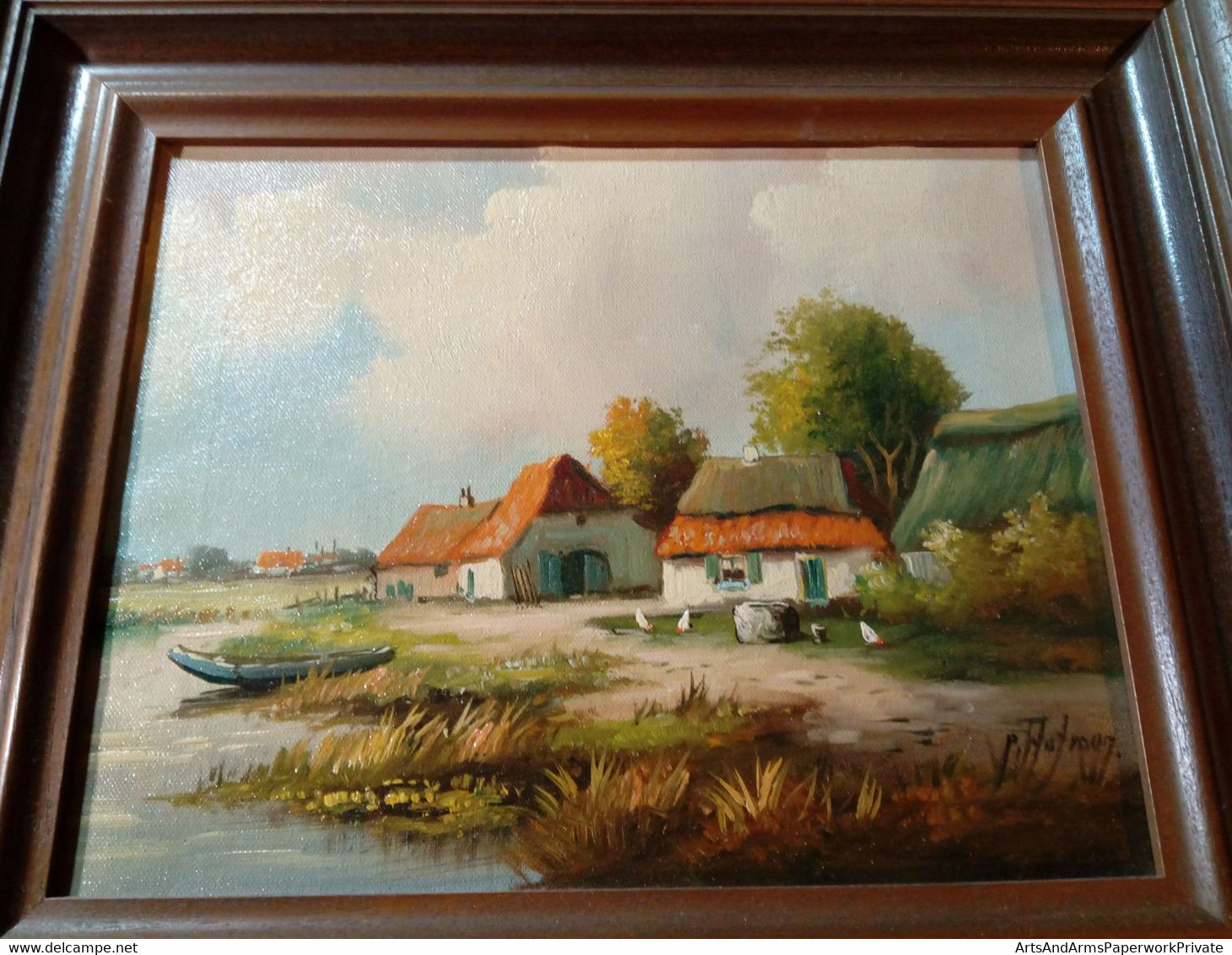 Paysage Avec Ferme Avec Poulets Et Bateau Sur Le Fossé/ Landscape With Farm With Chickens And Boat On The Ditch - Huiles