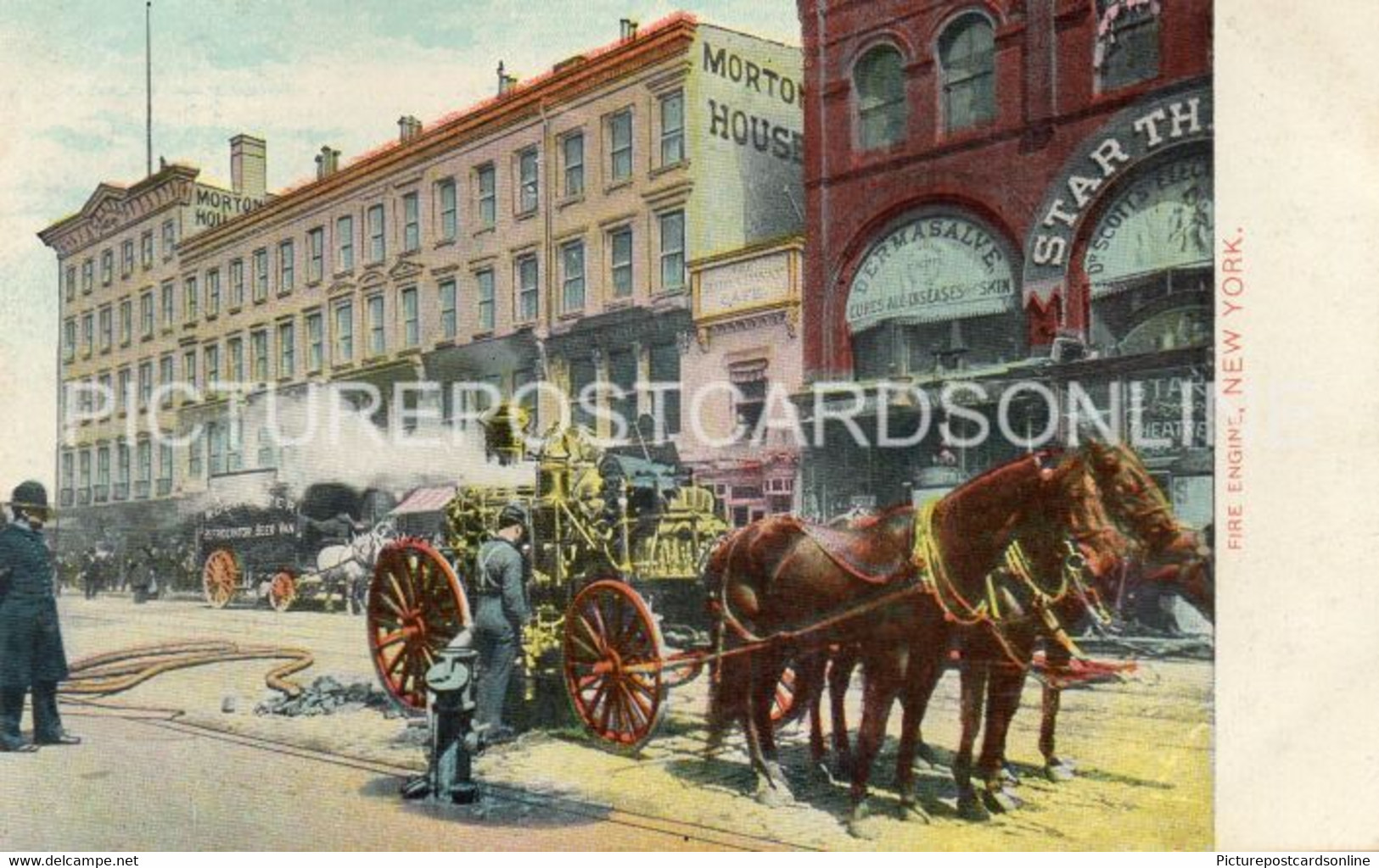 HORSE DRAWN FIRE ENGINE NEW YORK OLD COLOUR POSTCARD USA AMERICA - Transports