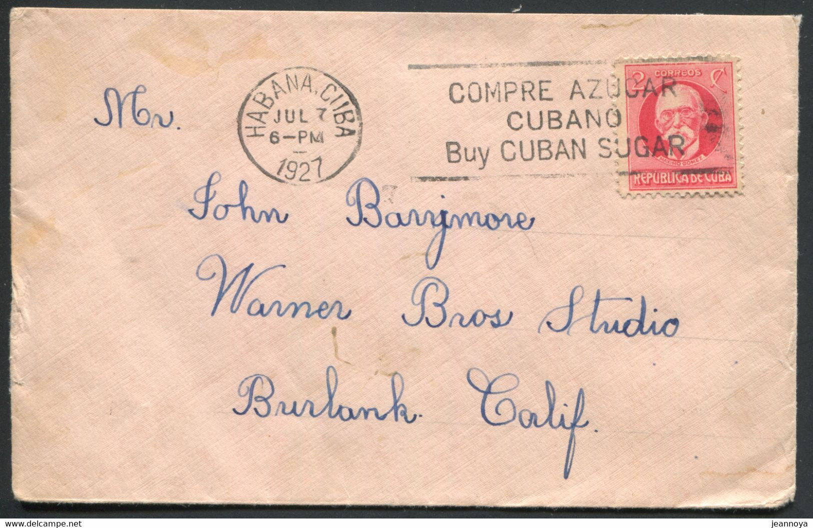 CUBA - N° 176 / LETTRE AVEC O.M. DE LA HAVANE LE 7/7/1927 AVEC THEME SUR LE SUCRE , POUR LES USA . TB - Storia Postale