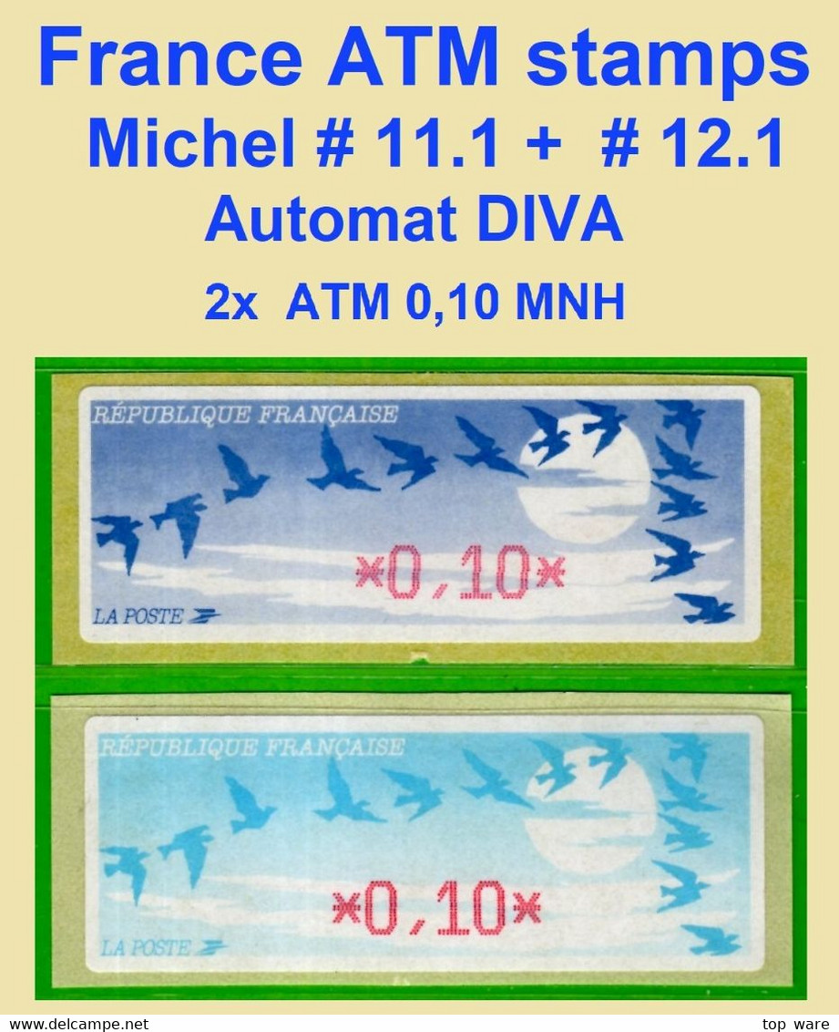 Frankreich France ATM 11.1 + 12.1 / 2x 0,10 F Xx / Diva Distributeurs Automatenmarken Etiquetas Automatic Stamps - 1990 « Oiseaux De Jubert »