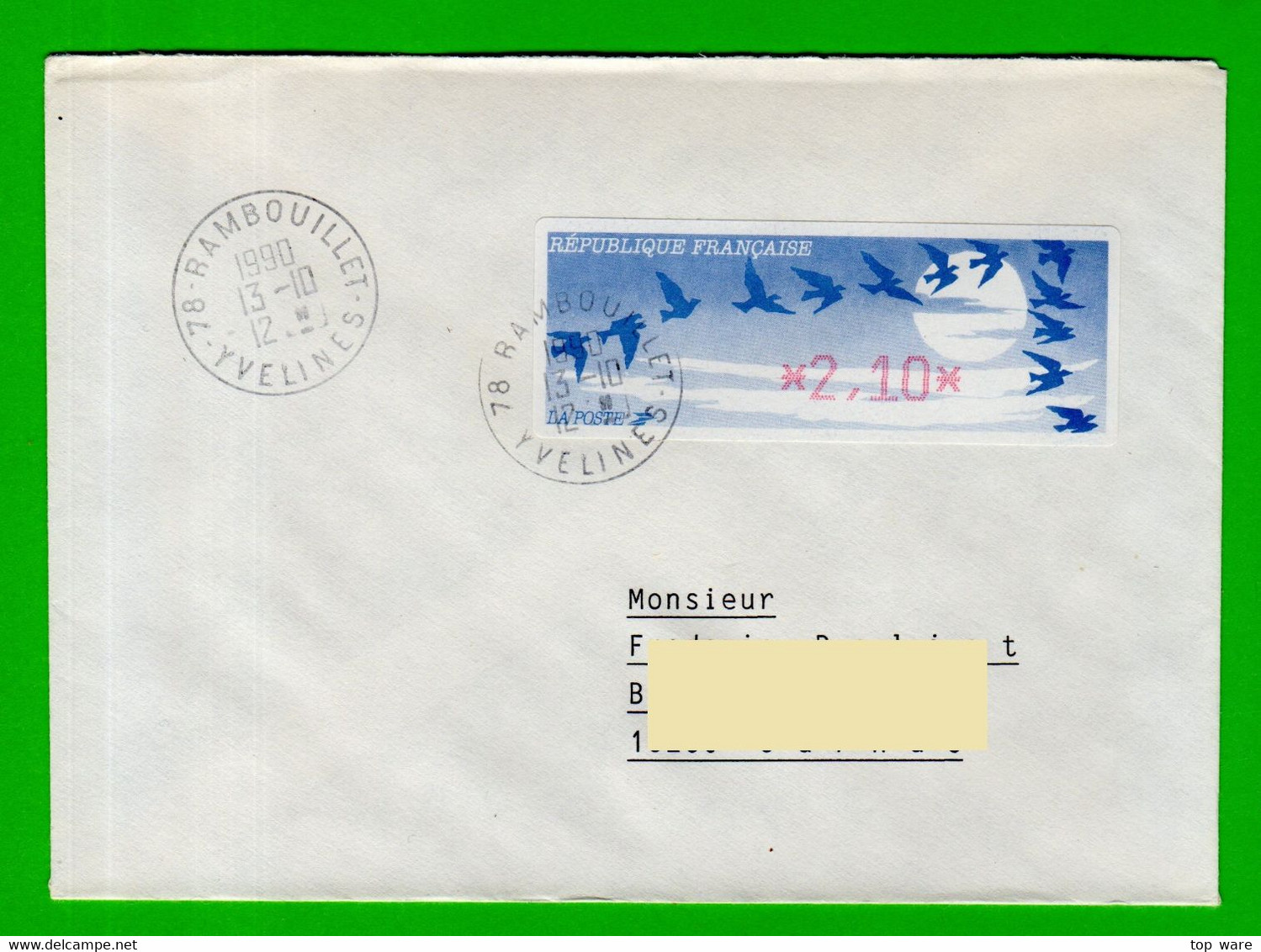 Frankreich France ATM 11.1 / 2,10 F On Letter 13.10.1990 / Diva Distributeurs Automatenmarken Etiquetas Automatic Stamps - 1990 « Oiseaux De Jubert »