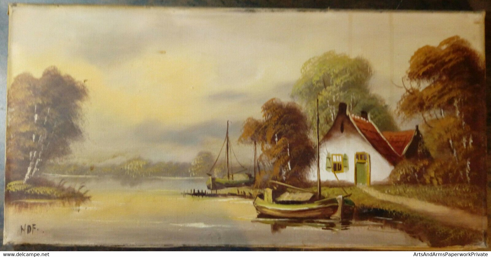 Paysage Avec Maison Au Bord De La Rivière Et Deux Bateaux, NDF/ Landscape With House By The River And Two Boats, NDF - Olii