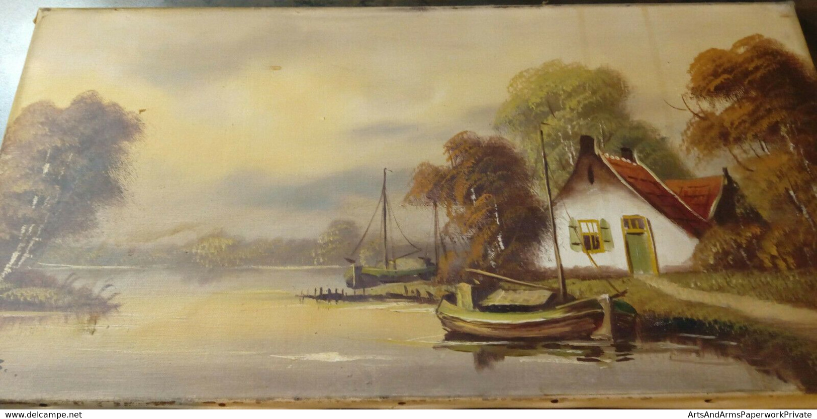 Paysage Avec Maison Au Bord De La Rivière Et Deux Bateaux, NDF/ Landscape With House By The River And Two Boats, NDF - Huiles