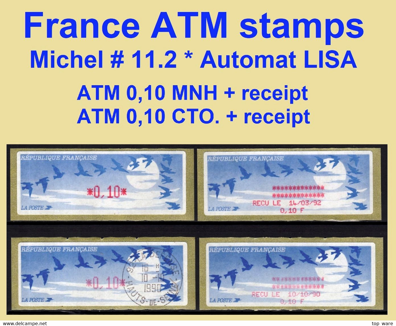 Frankreich France ATM 11.2 / 2x 0,10 F Xx/oo + Reçu  / Lisa Distributeurs Automatenmarken Etiquetas Automatic Stamps - 1990 Type « Oiseaux De Jubert »