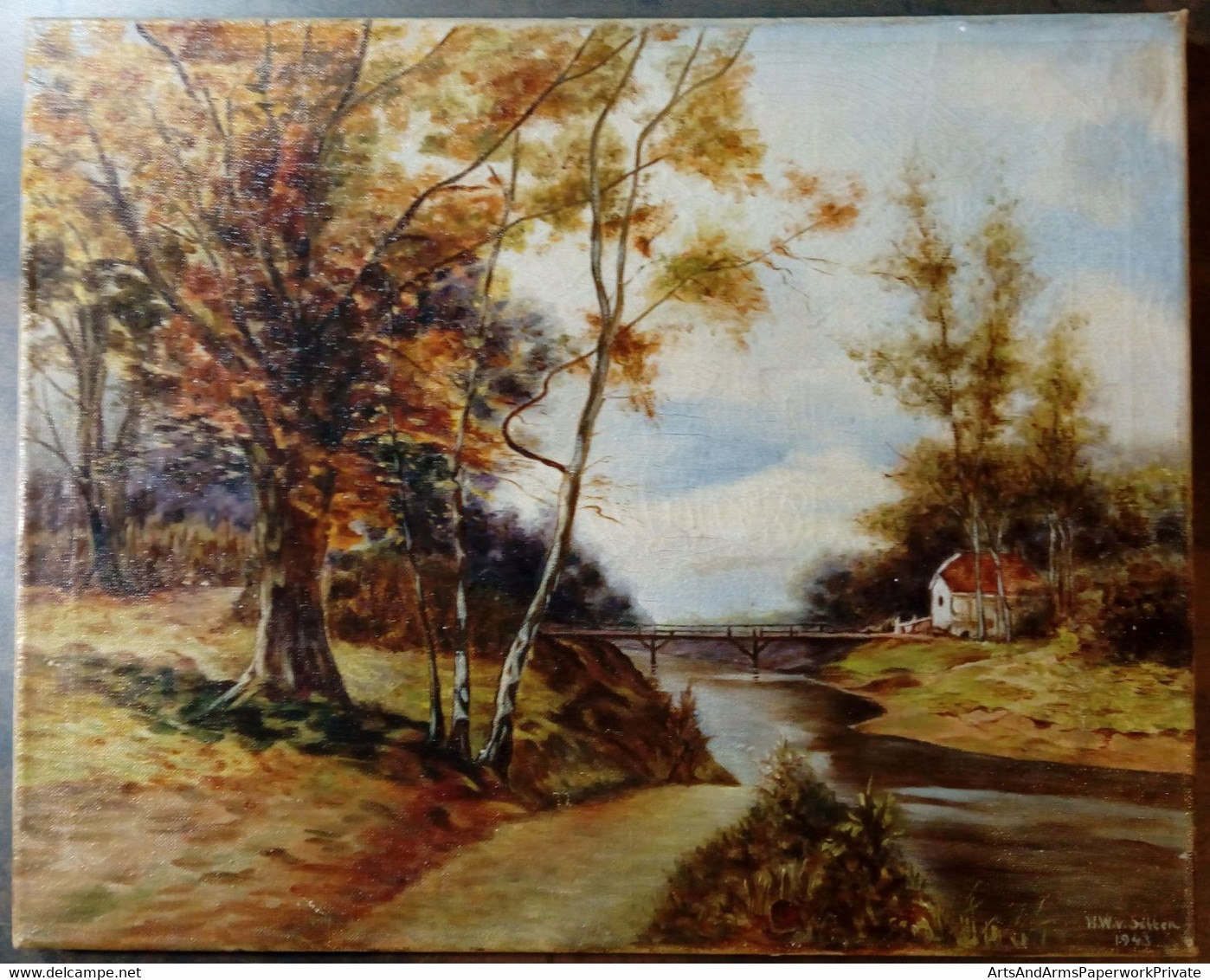 Paysage Avec Rivière, Passerelle, Maison, HW V. Sitten, 1943/ Landscape With River, Footbridge, House, HW V. Sitten - Olii