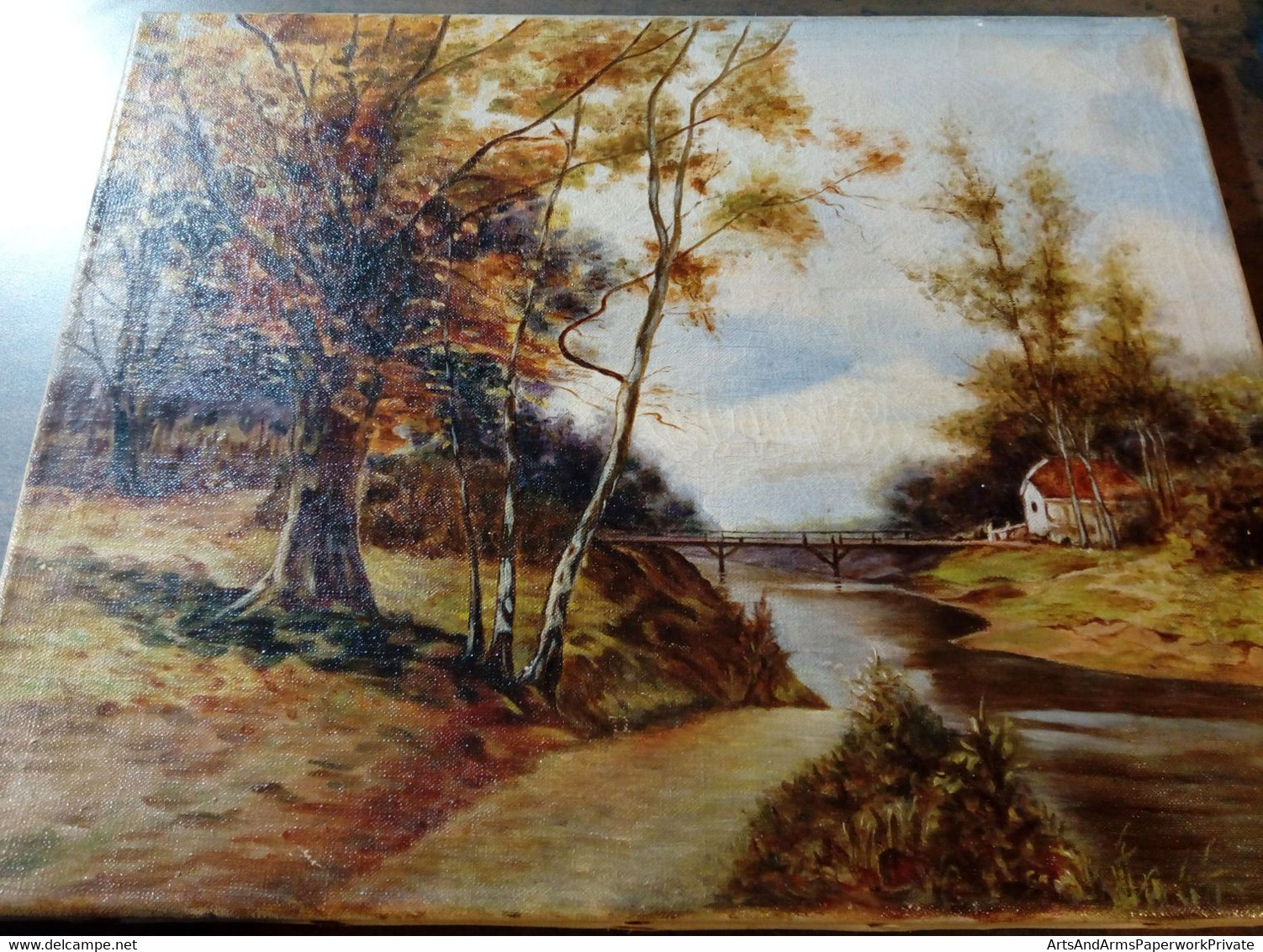 Paysage Avec Rivière, Passerelle, Maison, HW V. Sitten, 1943/ Landscape With River, Footbridge, House, HW V. Sitten - Olii