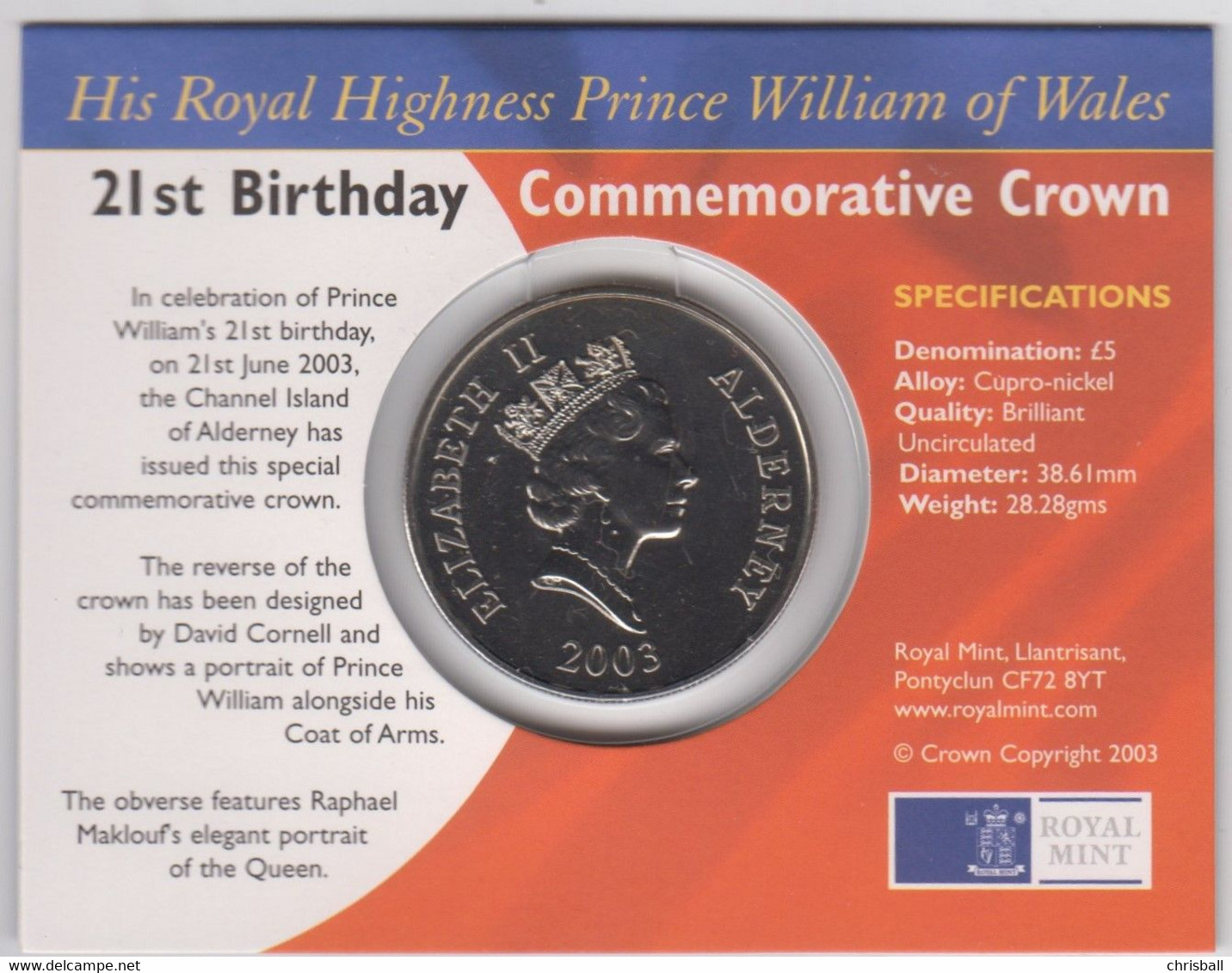 Great Britain UK Coin 2003 Prince William Crown - Uncirculated - 25 New Pence