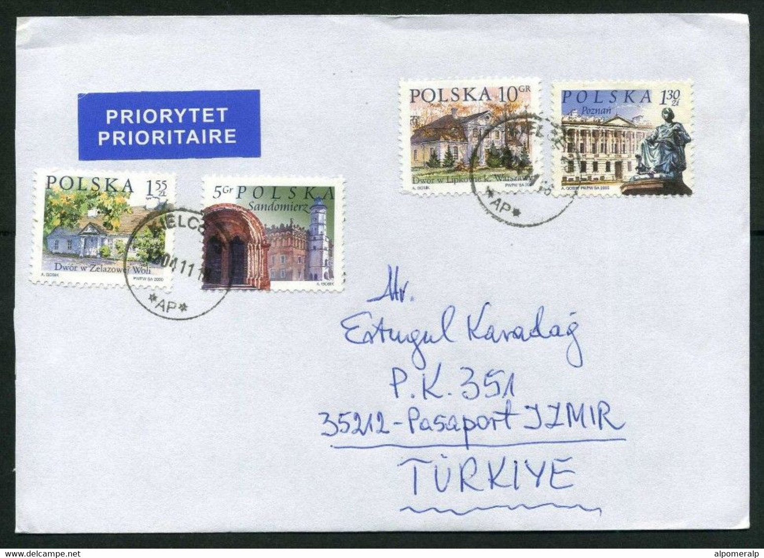 Poland Kielce 2011 Priority Mail Cover Used To Izmir Turkey | Mi 3822, 3890, 4091, 4166 | Architecture, Statues, Houses - Brieven En Documenten