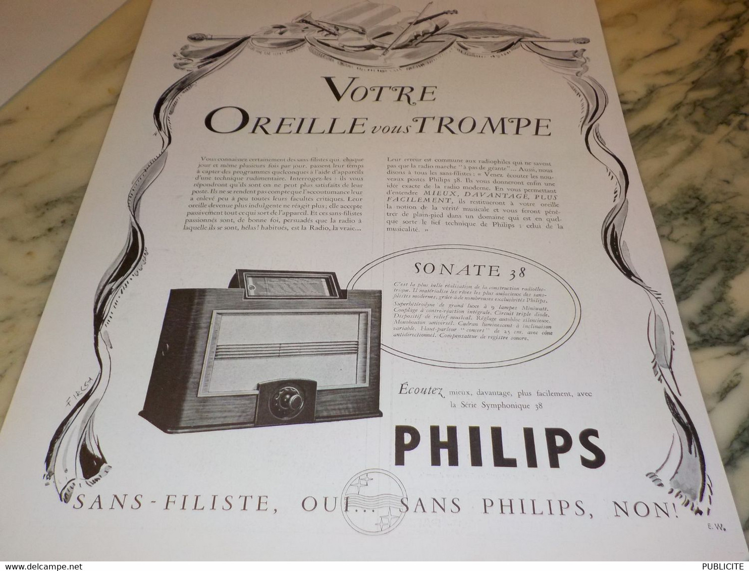 ANCIENNE PUBLICITE VOTRE OREILLE VOUS TROMPE  TSF SONATE PHILIPS  1937 - Autres & Non Classés