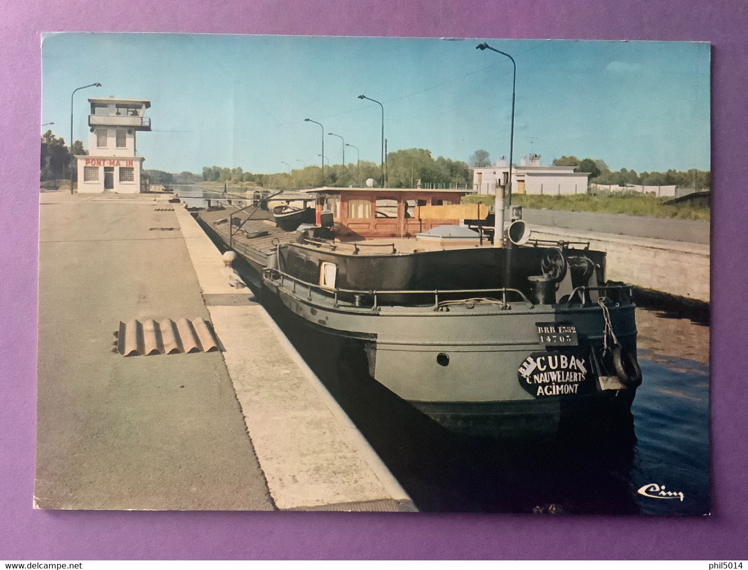 59  CPSM    BOUCHAIN    Ecluse Du Pont Malin    Plan Avec La Péniche CUBA     Très Bon état - Bouchain