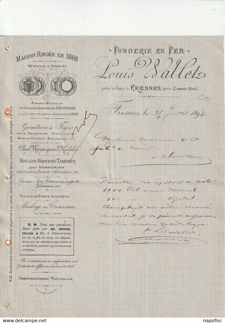 59-L.Wallet.....Fonderie En Fer.. Fresnes Près Condé..(Nord)...1898 - Other & Unclassified