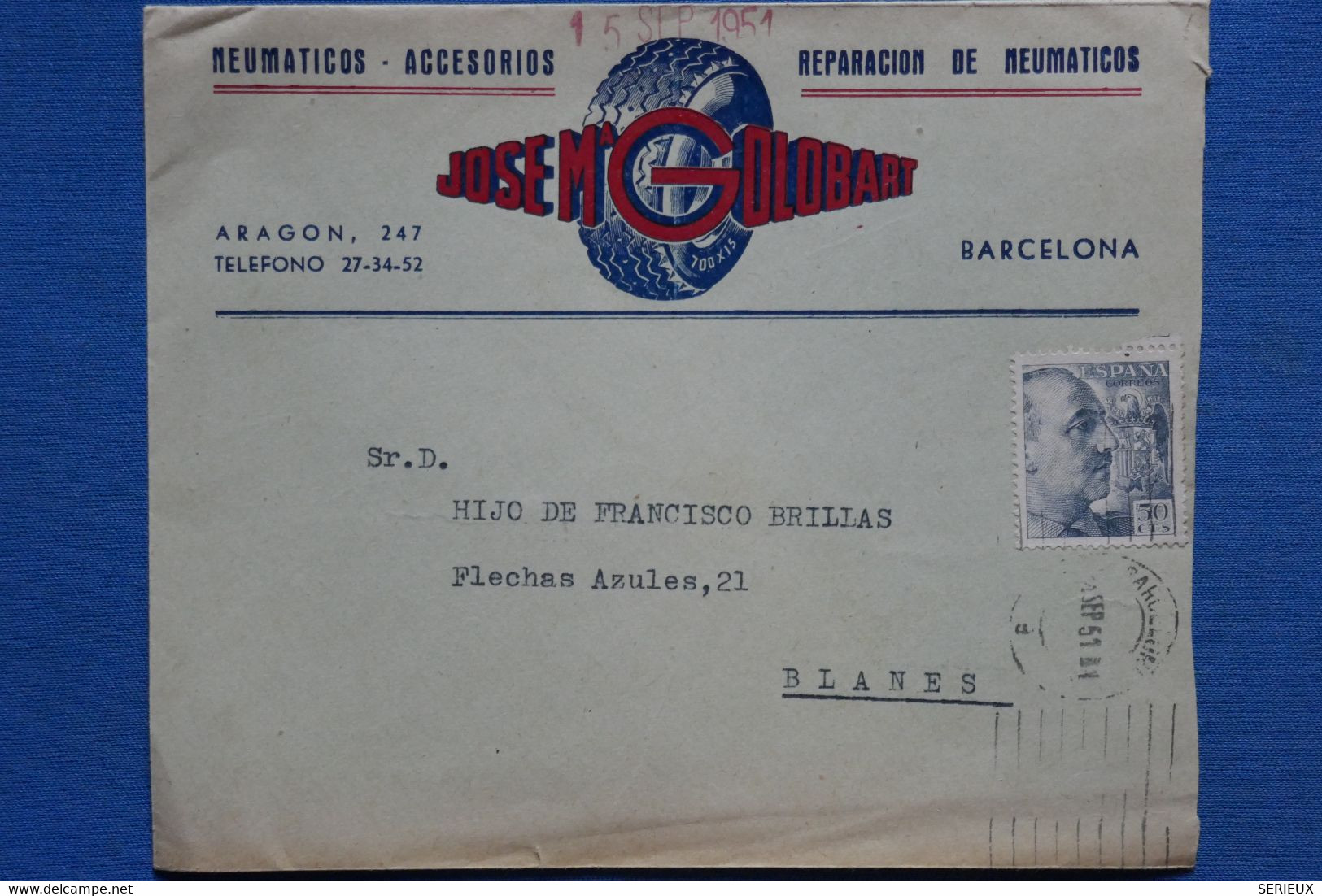 AB11 ESPAGNE  BELLE LETTRE  1951  ARAGON  POUR BLANES FRANCE+ + AFFRANCH.PLAISANT - Brieven En Documenten
