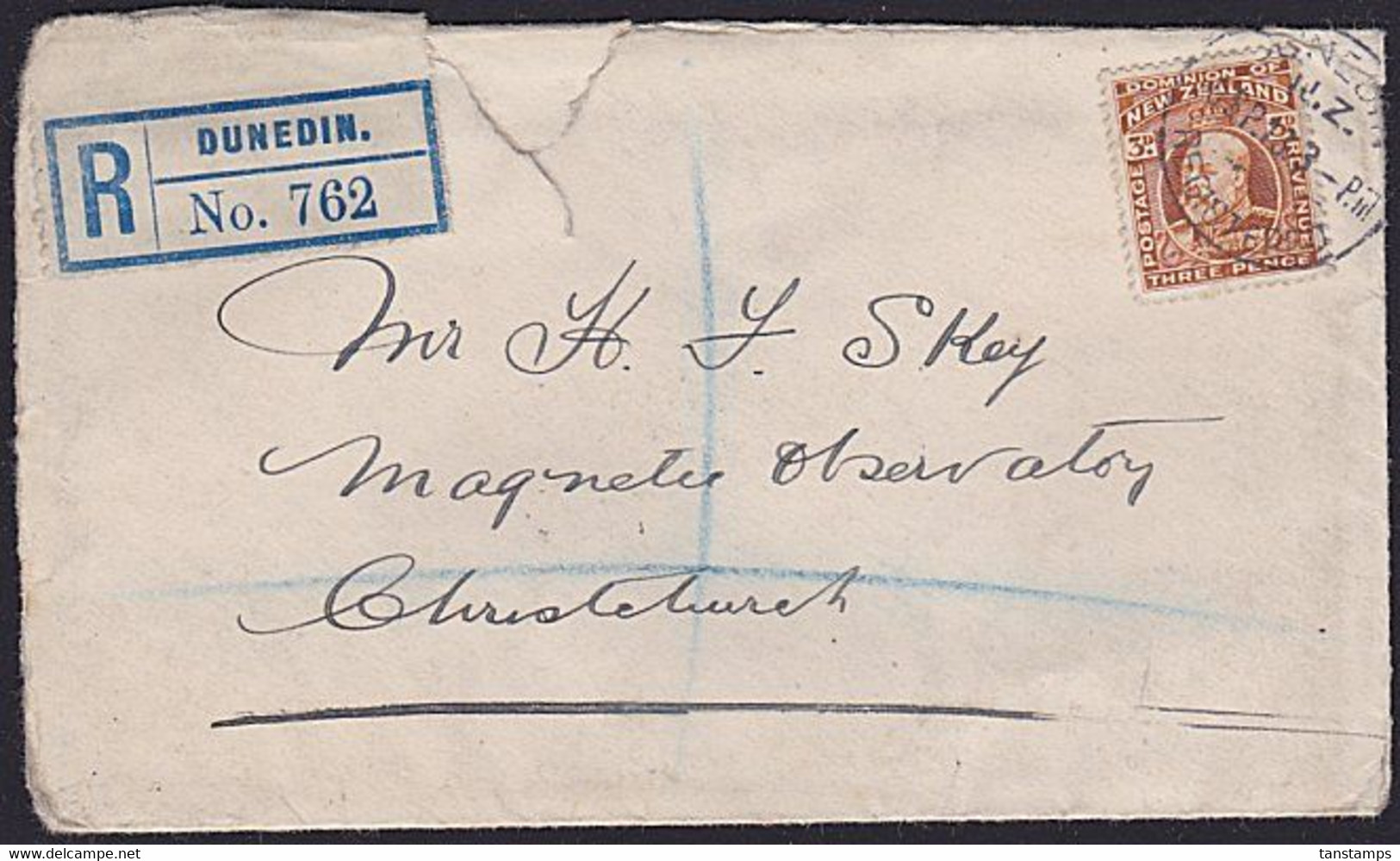 NEW ZEALAND 1913 REGISTERED COVER 3d KEVII SOLO FRANKING - Covers & Documents