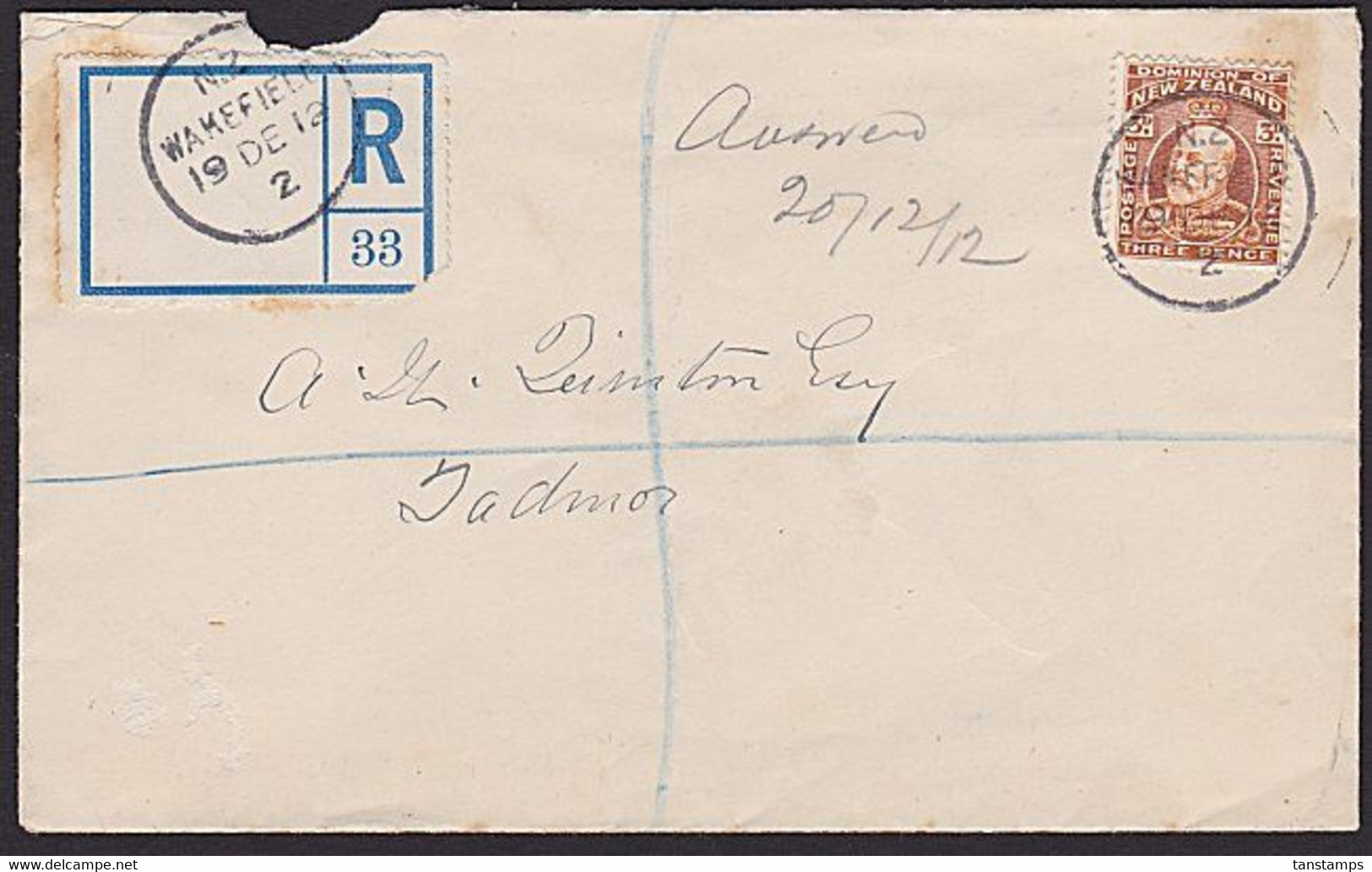 NEW ZEALAND 1912 REGISTERED COVER 3d KEVII SOLO FRANKING WAKEFIELD A-CLASS CDS - Covers & Documents