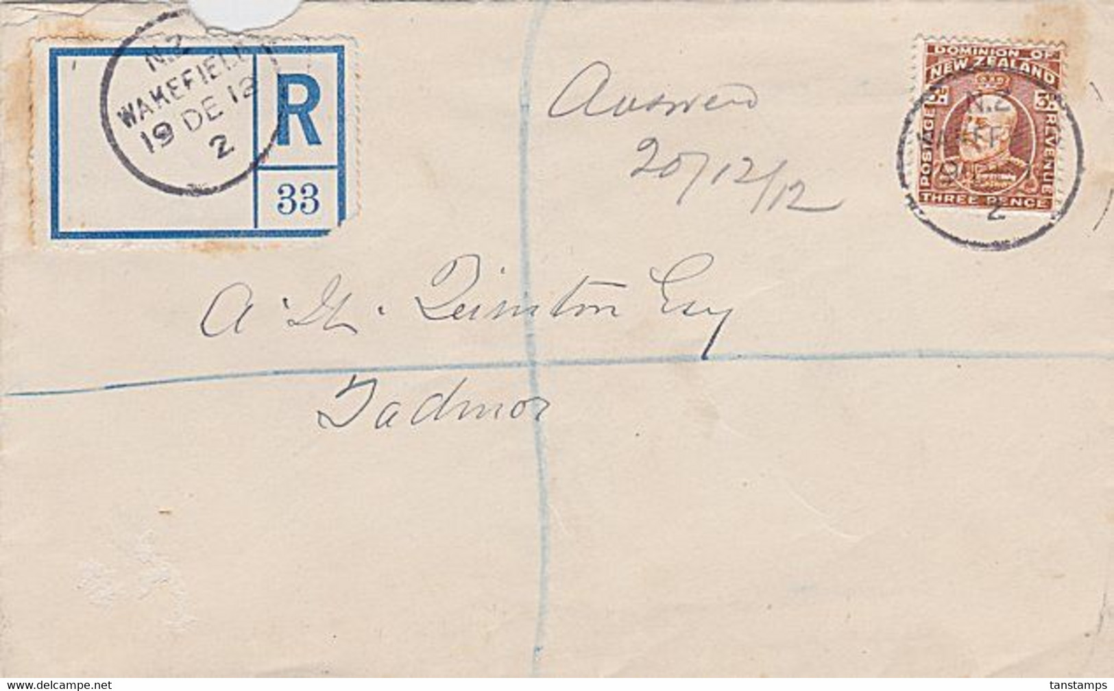 NEW ZEALAND 1912 REGISTERED COVER 3d KEVII SOLO FRANKING WAKEFIELD A-CLASS CDS - Covers & Documents
