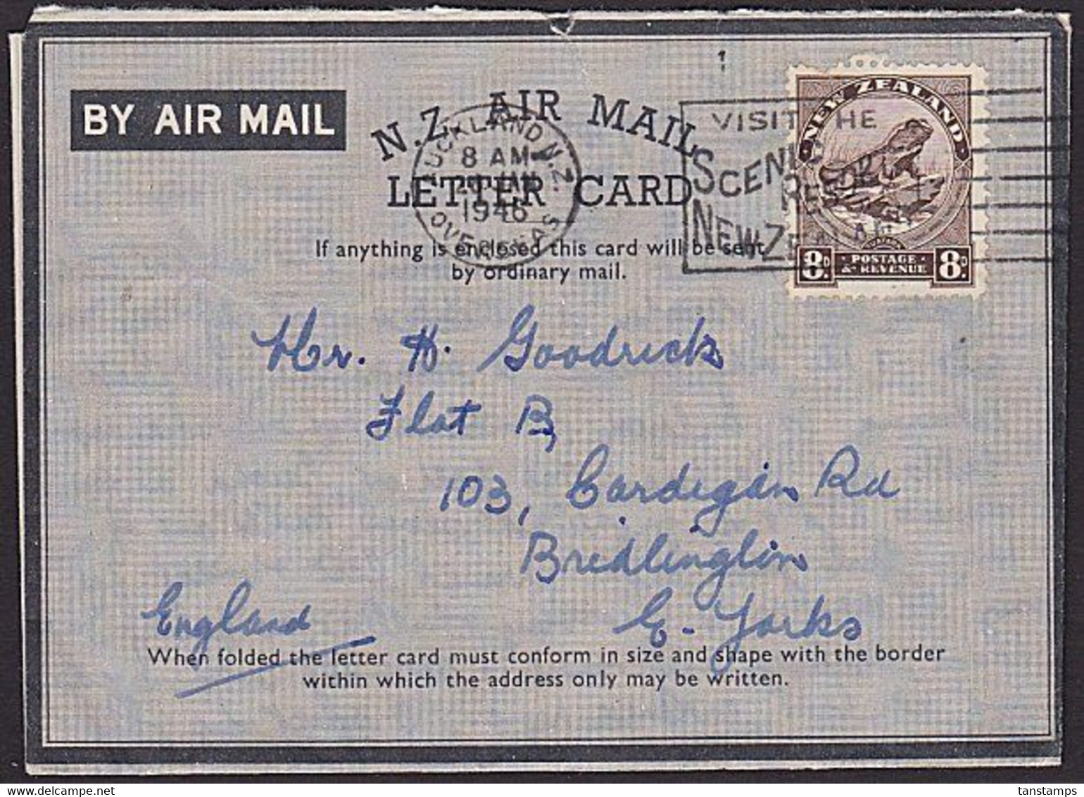 NEW ZEALAND AEROGRAM LETTER CARD TUATARA 8d RATE TO UK TOURIST SLOGAN 1946 - Brieven En Documenten