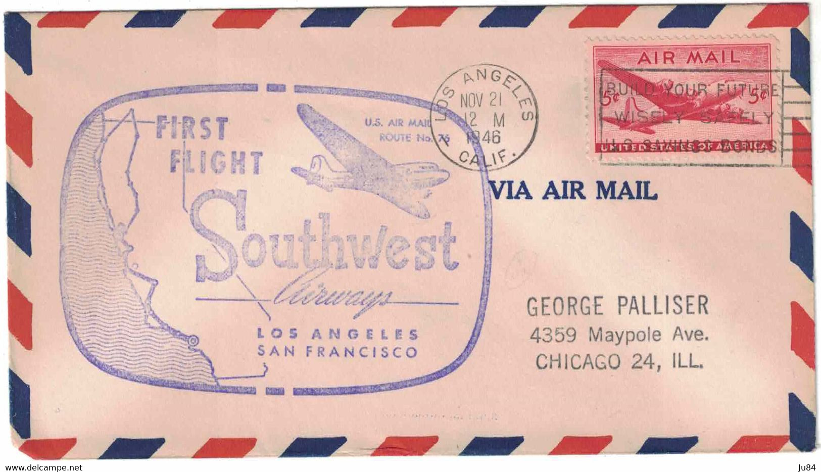 Etats-Unis - Californie - Los Angeles - Premier Vol (1 Flight) - Los Angeles-San Francisco - Lettre Pour Chicago - 1946 - Andere & Zonder Classificatie