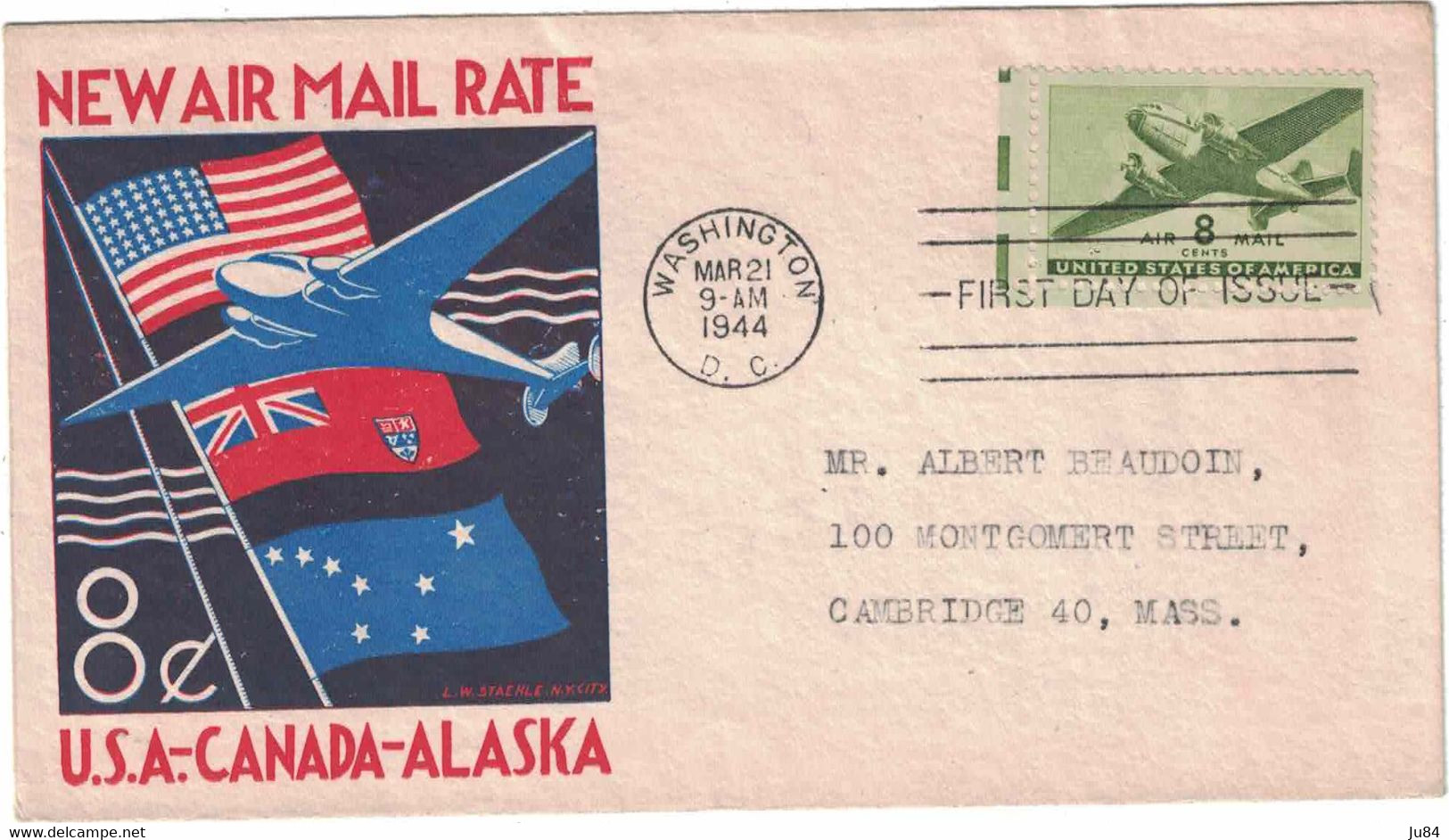 Etats-Unis - Washington D.C. - New Air Mail Rate - Liaison - U.S.A-CANADA-ALASKA - Lettre Pour Cambridge - 21 Mars 1944 - Altri & Non Classificati