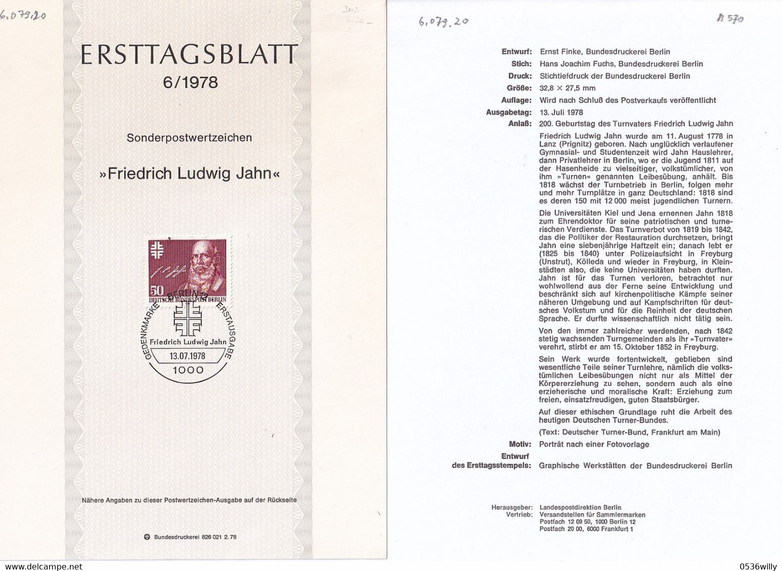 Berlin 1978. Ersttagsblatt 6/1978 Friedrich Ludwig Jahn (6.079.20) - Briefe U. Dokumente