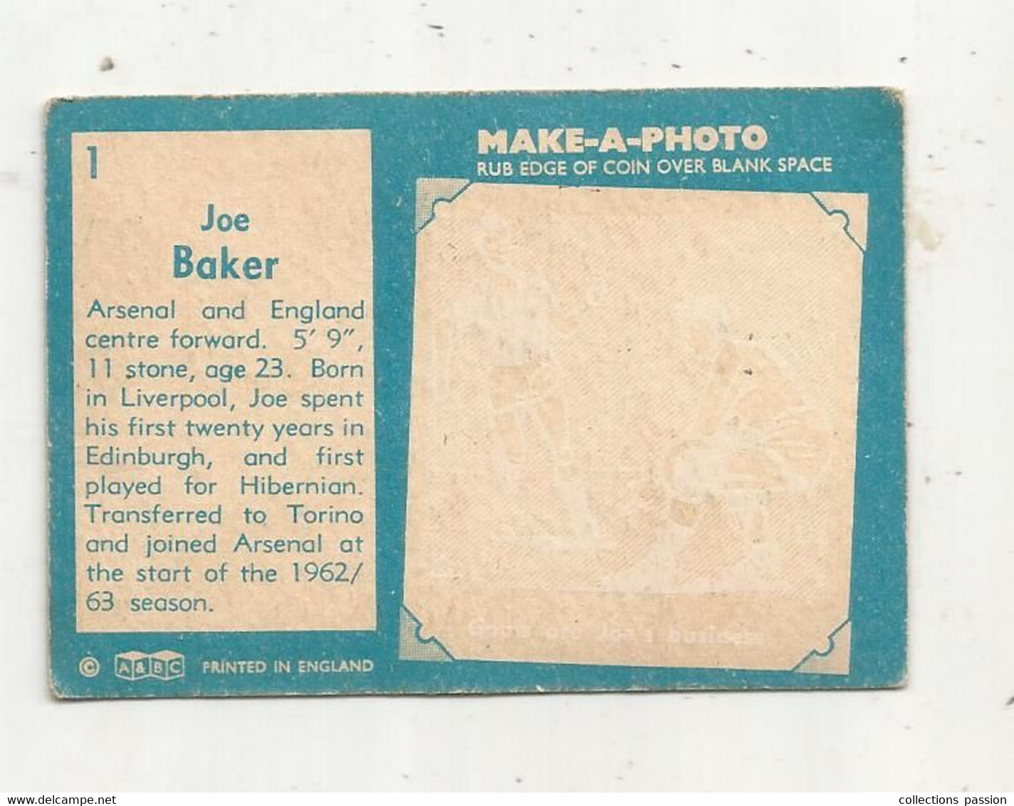 Trading Card , A&BC , England, Chewing Gum, Serie: Make A Photo , Année 60 , N° 1 , JOE BAKER,  Arsenal - Trading-Karten