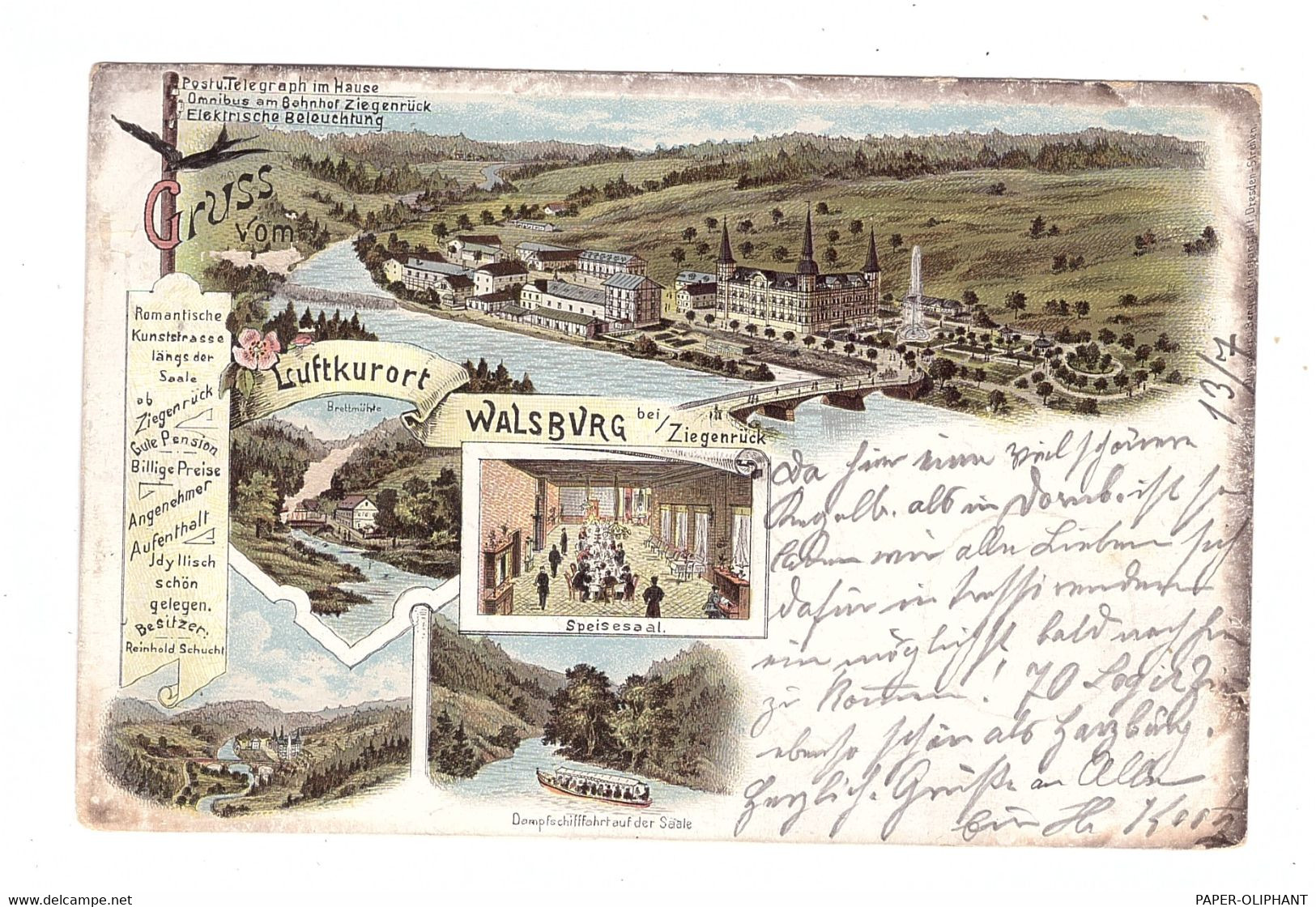 0-6551 ESSBACH - WALSBURG, Lithographie 1897, Restauration, Brettmühle, Binnenschiffe Dampfschiffahrt Auf Der Saale - Schleiz