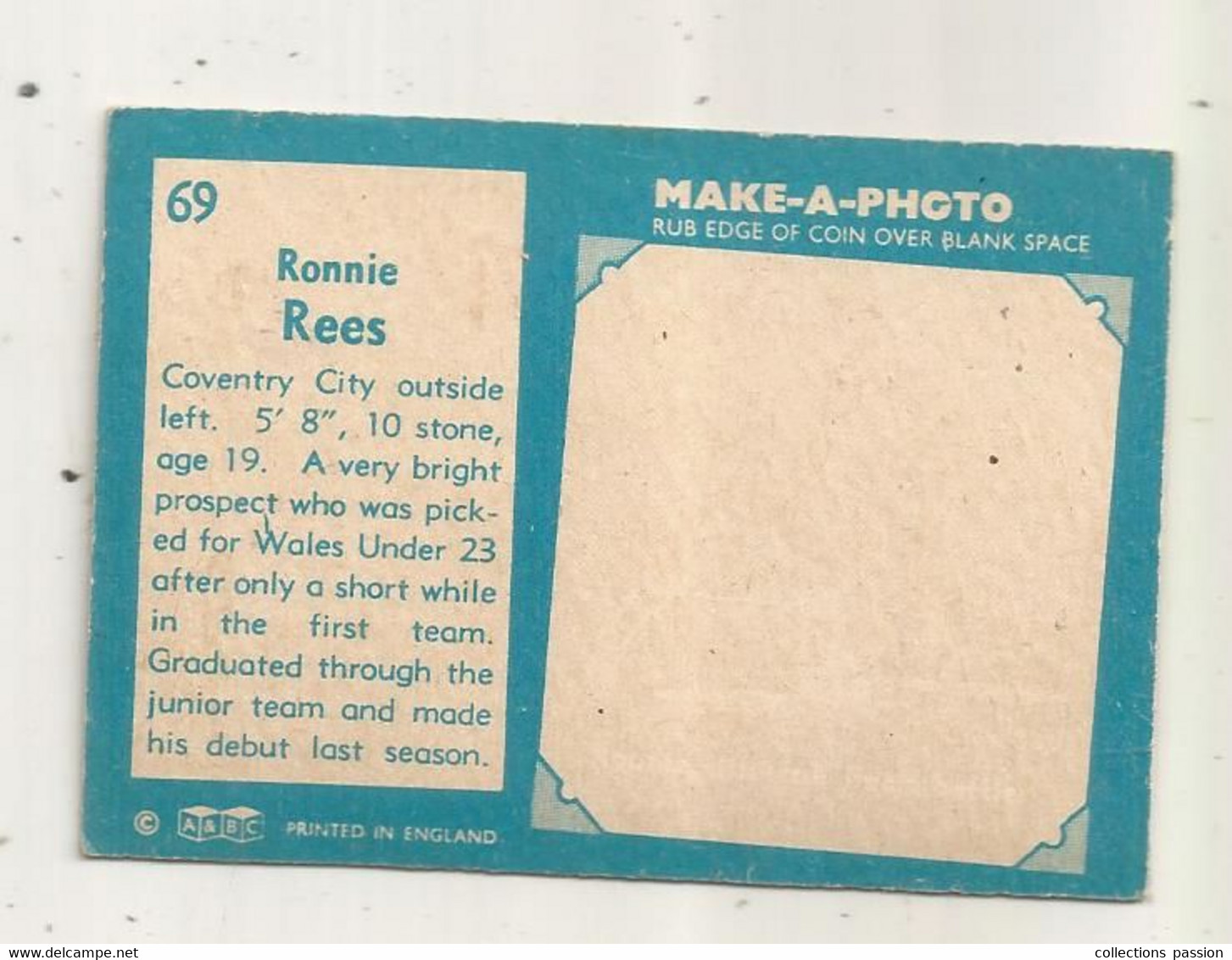 Trading Card , A&BC , England, Chewing Gum, Serie: Make A Photo , Année 60 , N° 69, RONNIE REES,  Coventry City - Trading Cards