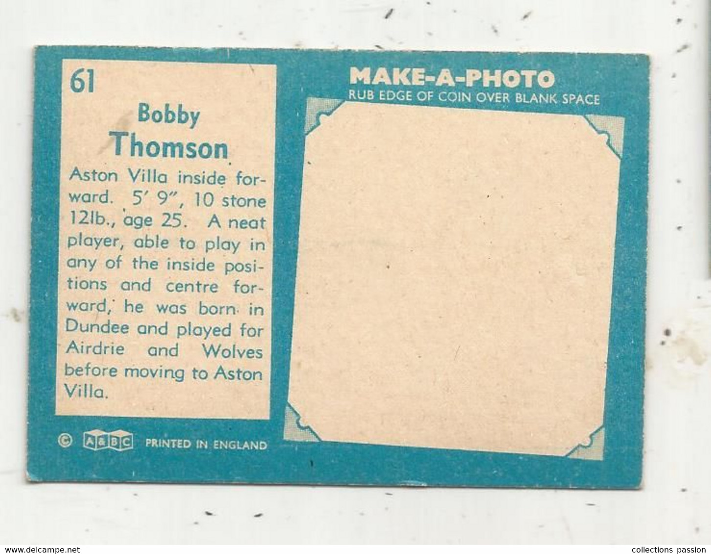 Trading Card , A&BC , England, Chewing Gum, Serie: Make A Photo , Année 60 , N° 61, BOBBY THOMSON,  Aston Villa - Tarjetas