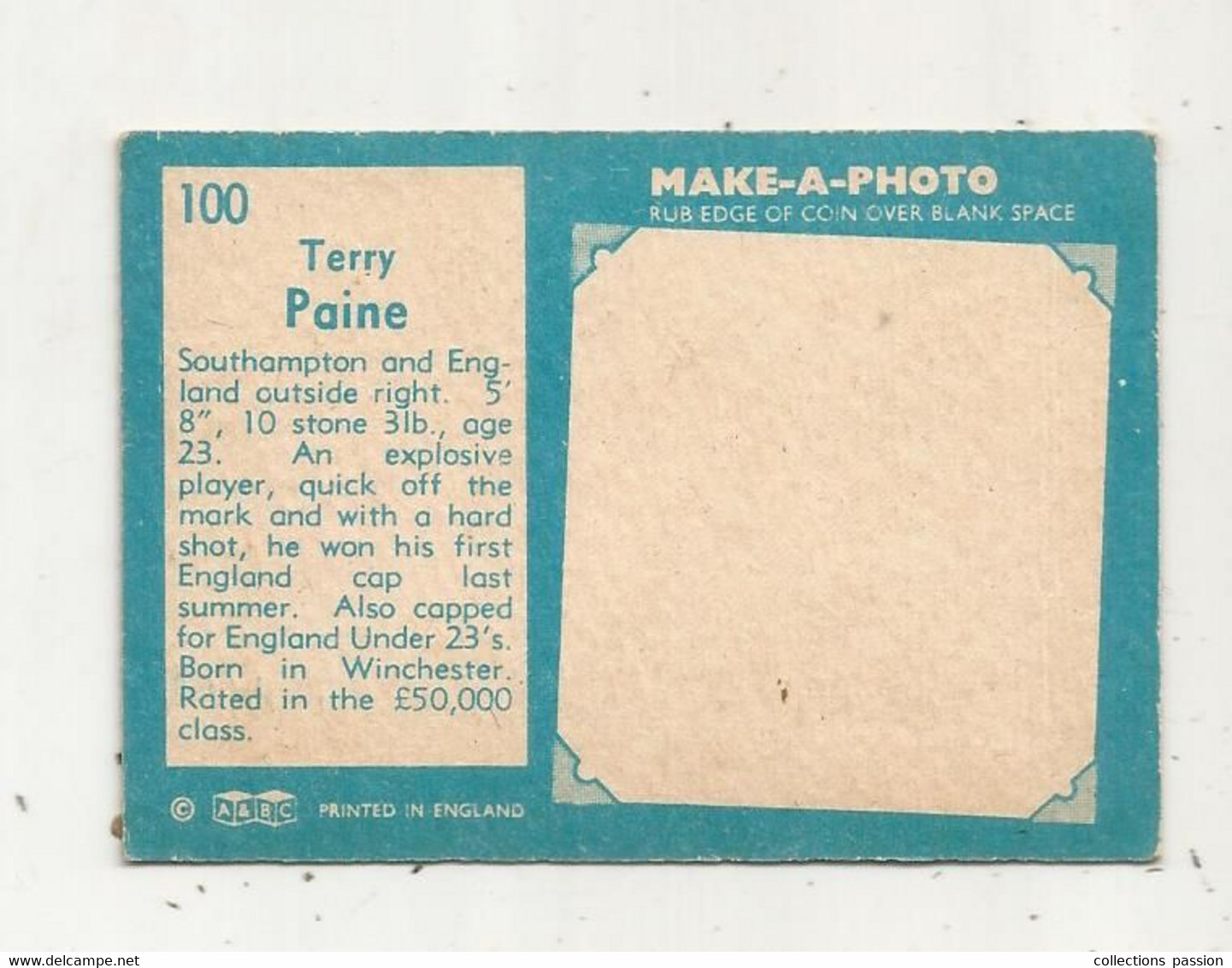 Trading Card , A&BC , England, Chewing Gum, Serie: Make A Photo , Année 60 , N° 100, TERRY PAINE, Southampton - Trading Cards