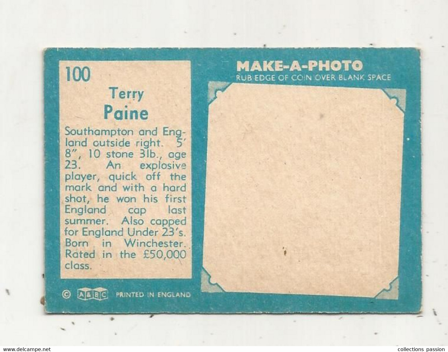 Trading Card , A&BC , England, Chewing Gum, Serie: Make A Photo , Année 60 , N° 100, TERRY PAINE, Southampton - Tarjetas