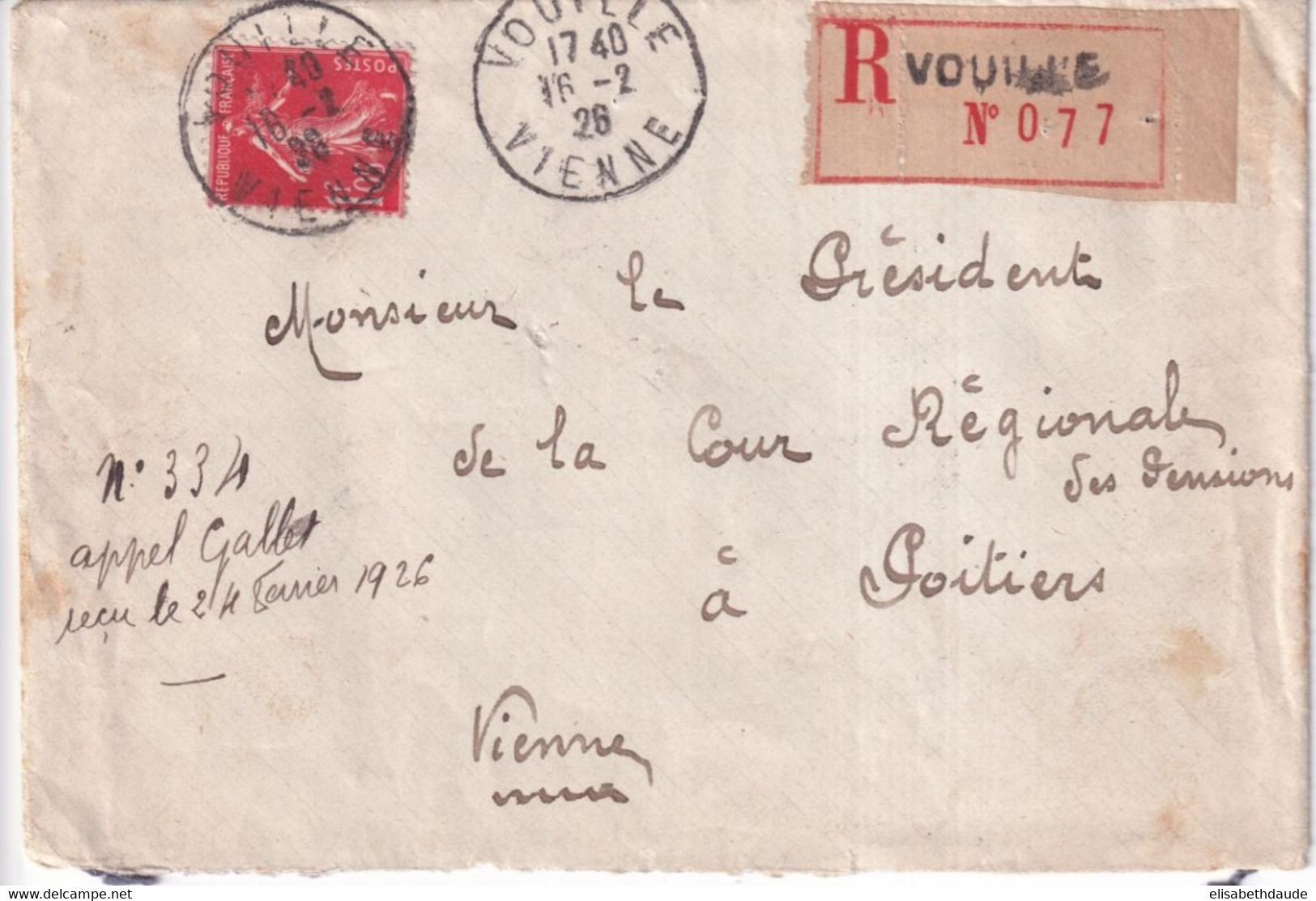 1926 - SEMEUSE YVERT N°195 RARE SEUL Sur LETTRE RECOMMANDEE De VOUILLE (VIENNE) - COTE MAURY 2009 = 60 EUR. - 1906-38 Sower - Cameo