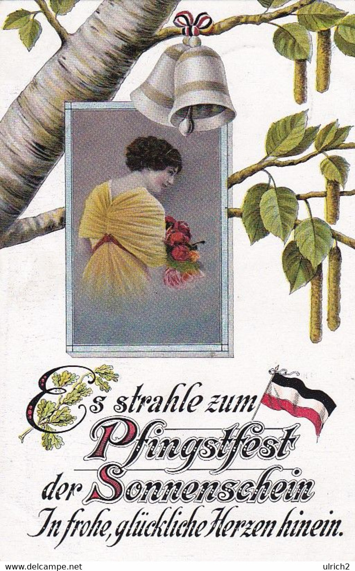 AK Es Strahle Zum Pfingstfest.. - Frau Blumen Birke Fahne Patriotika - Feldpost Colochau Kr. Schweinitz - 1915 (57598) - Pinksteren