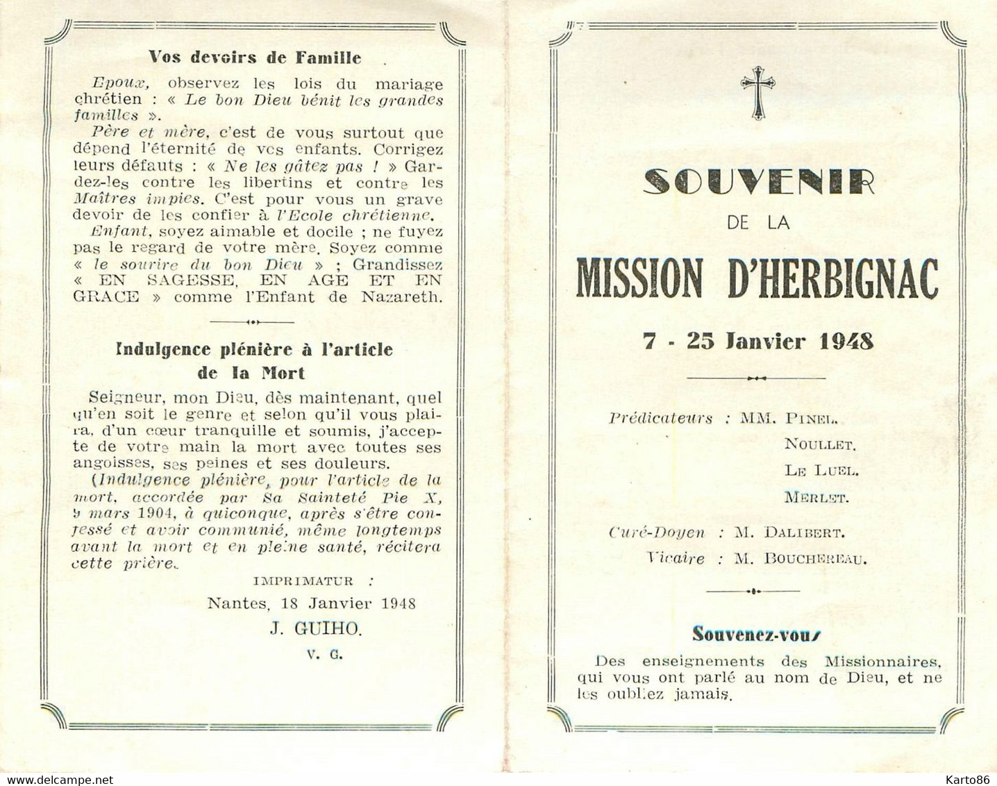 Herbignac * Souvenir De La Mission D'Herbignac Du 7 Au 25 Janvier 1948 * Doc Ancien - Herbignac