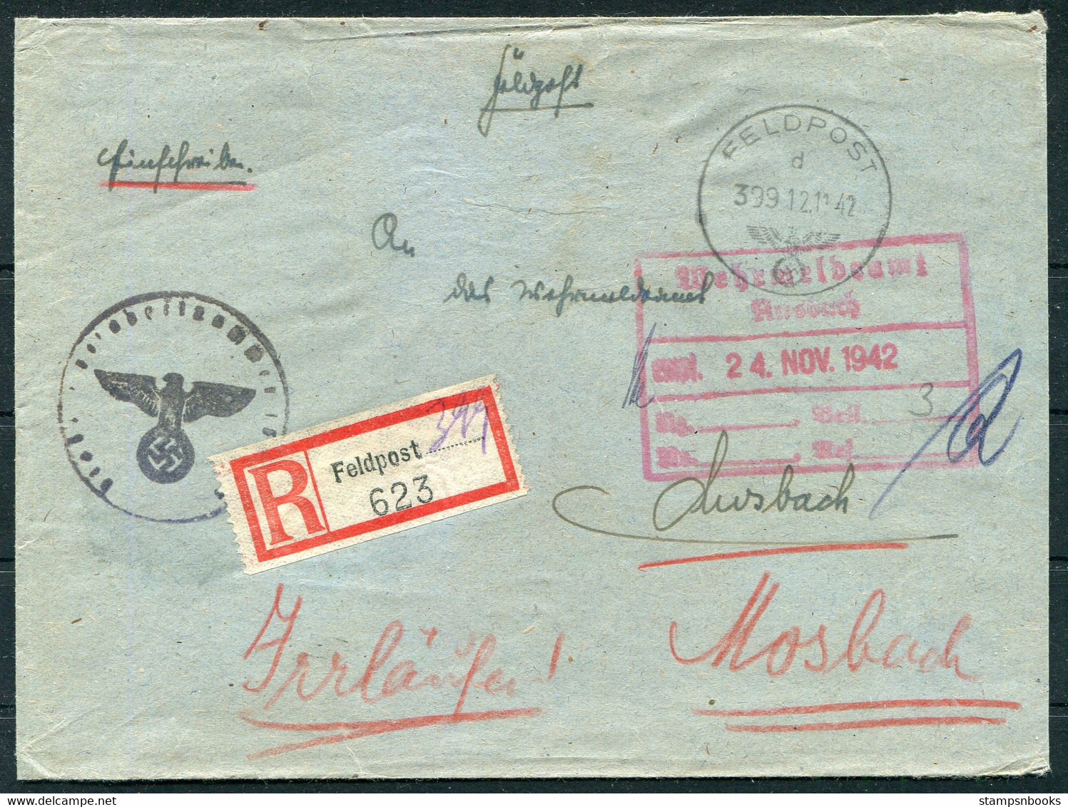 1942 (12th Nov) Germany Registered Fieldpost, Einschreiben Feldpost Cover - Mosbach - Brieven En Documenten