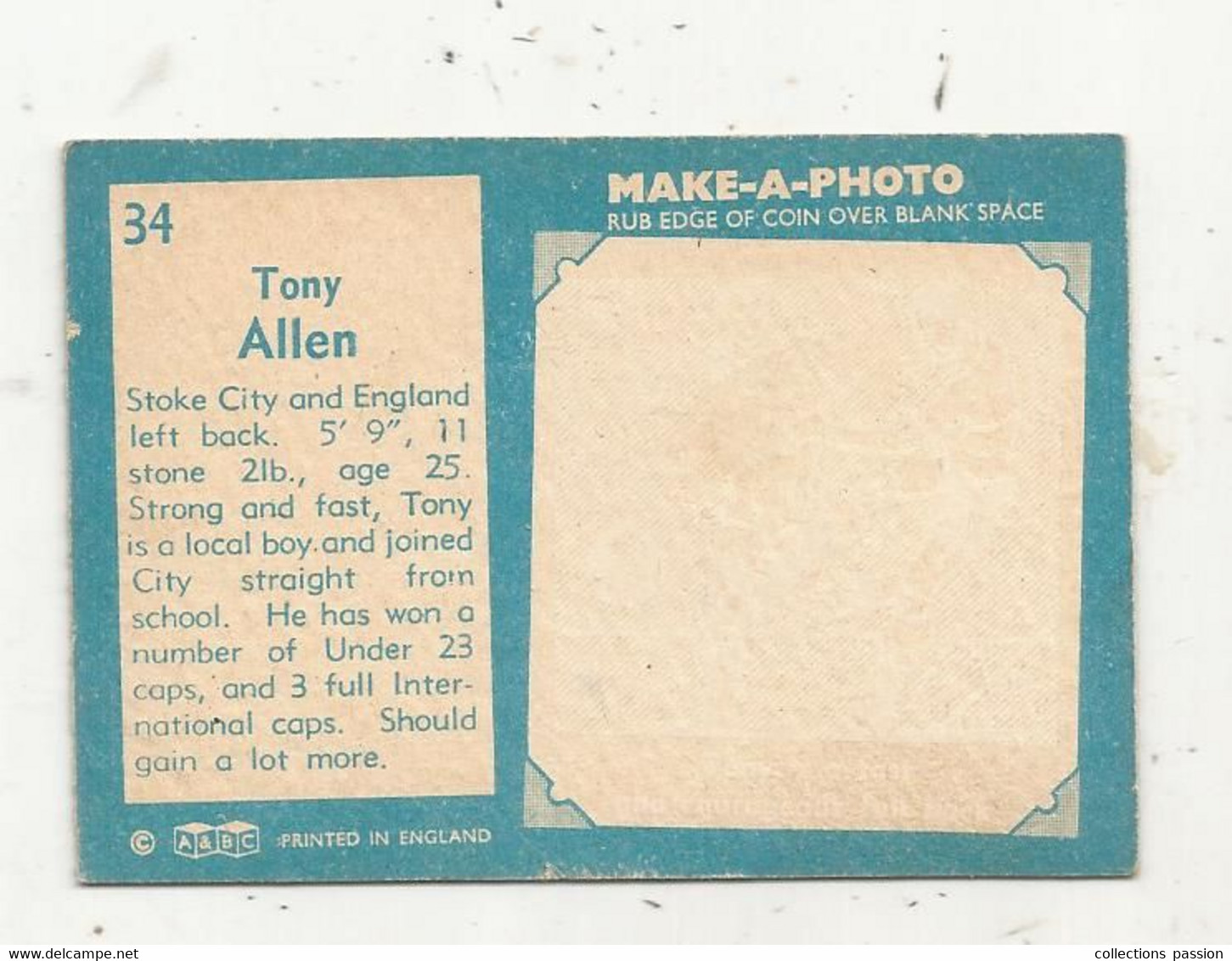Trading Card , A&BC , England, Chewing Gum, Serie: Make A Photo , Année 60 , N° 34, TONNY ALLEN, Stoke City - Trading-Karten