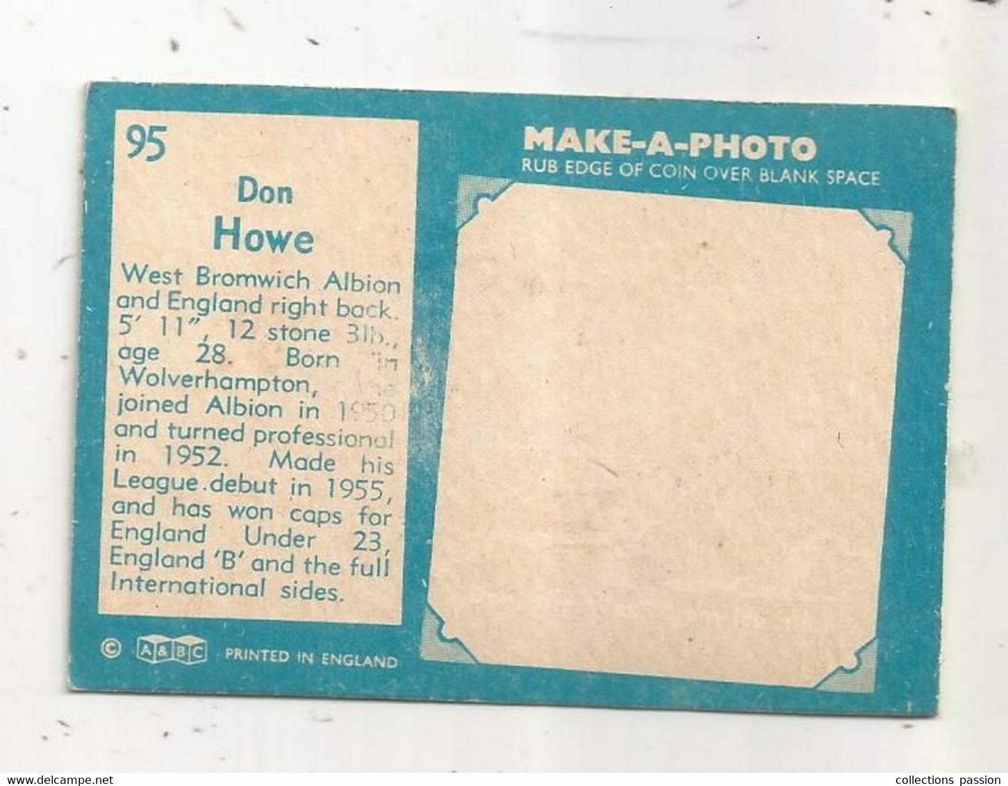 Trading Card , A&BC , England, Chewing Gum, Serie: Make A Photo , Année 60 , N° 95, DON HOWE, West Bromwich Albion - Trading-Karten