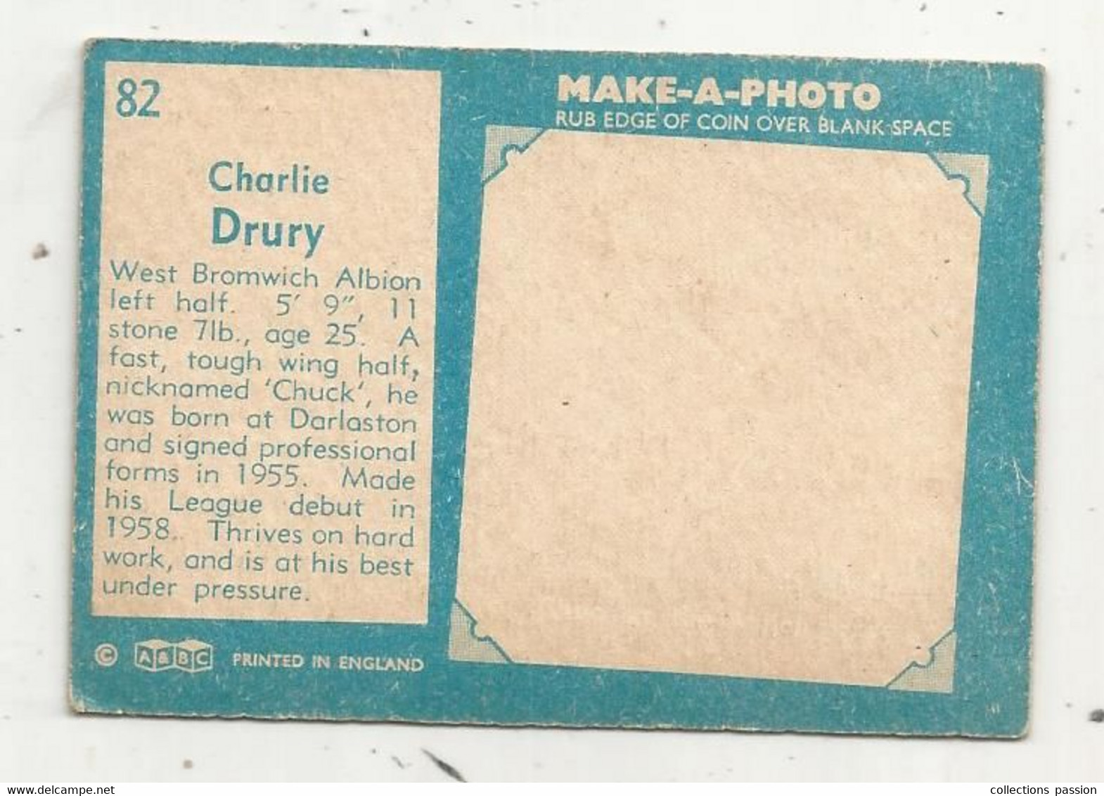 Trading Card , A&BC , England, Chewing Gum, Serie: Make A Photo , Année 60 , N° 82, CHARLIE DRURY, West Bromwich - Trading Cards