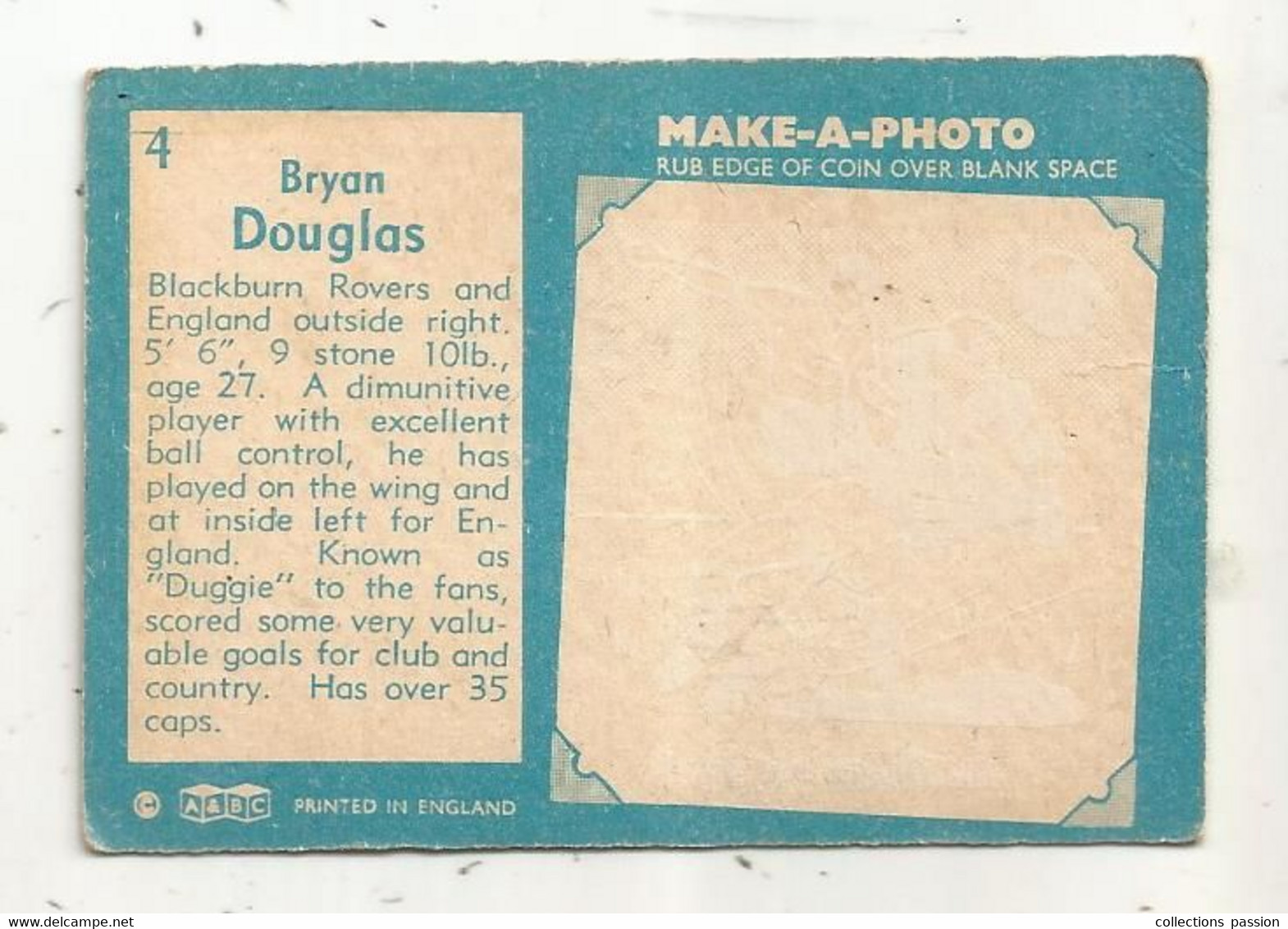 Trading Card , A&BC , England, Chewing Gum, Serie: Make A Photo , Année 60 , N° 4, BRYAN DOUGLAS, Blackburn Rovers - Trading Cards