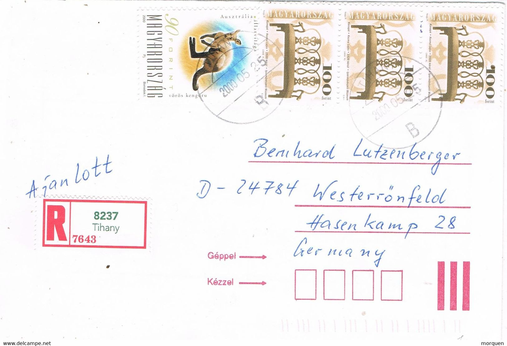 41818. Carta  Certificada TIHANY (Hungria)  2000 To Germany - Storia Postale