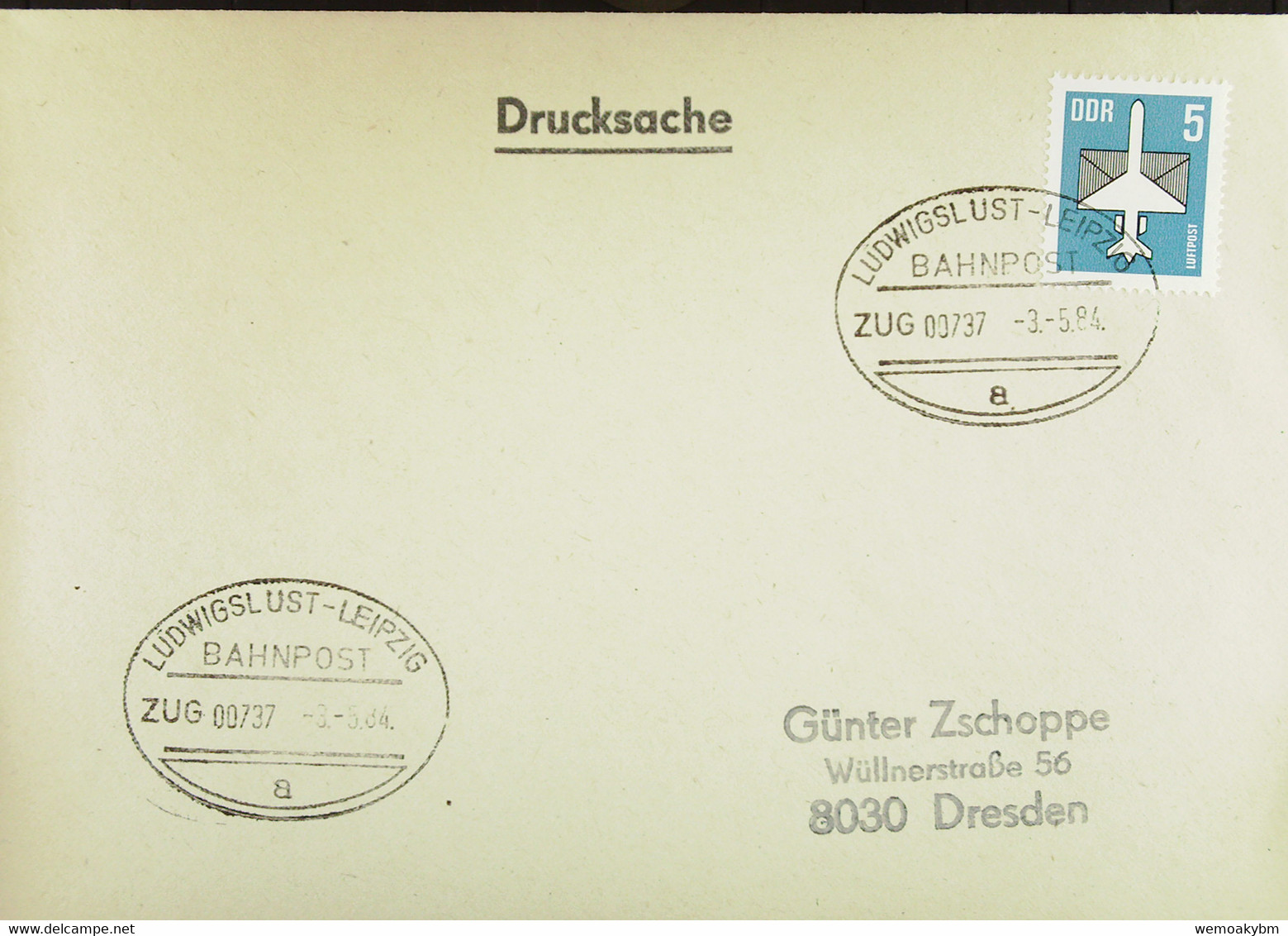DDR: Ds-Brief Mit Bahnpost-Stempel "LUDWIGSLUST-LEIPZIG ZUG 00737" Vom 3.5.84 Mit 5 Pfg Flugpostmarke Knr: 2831 - Maschinenstempel (EMA)
