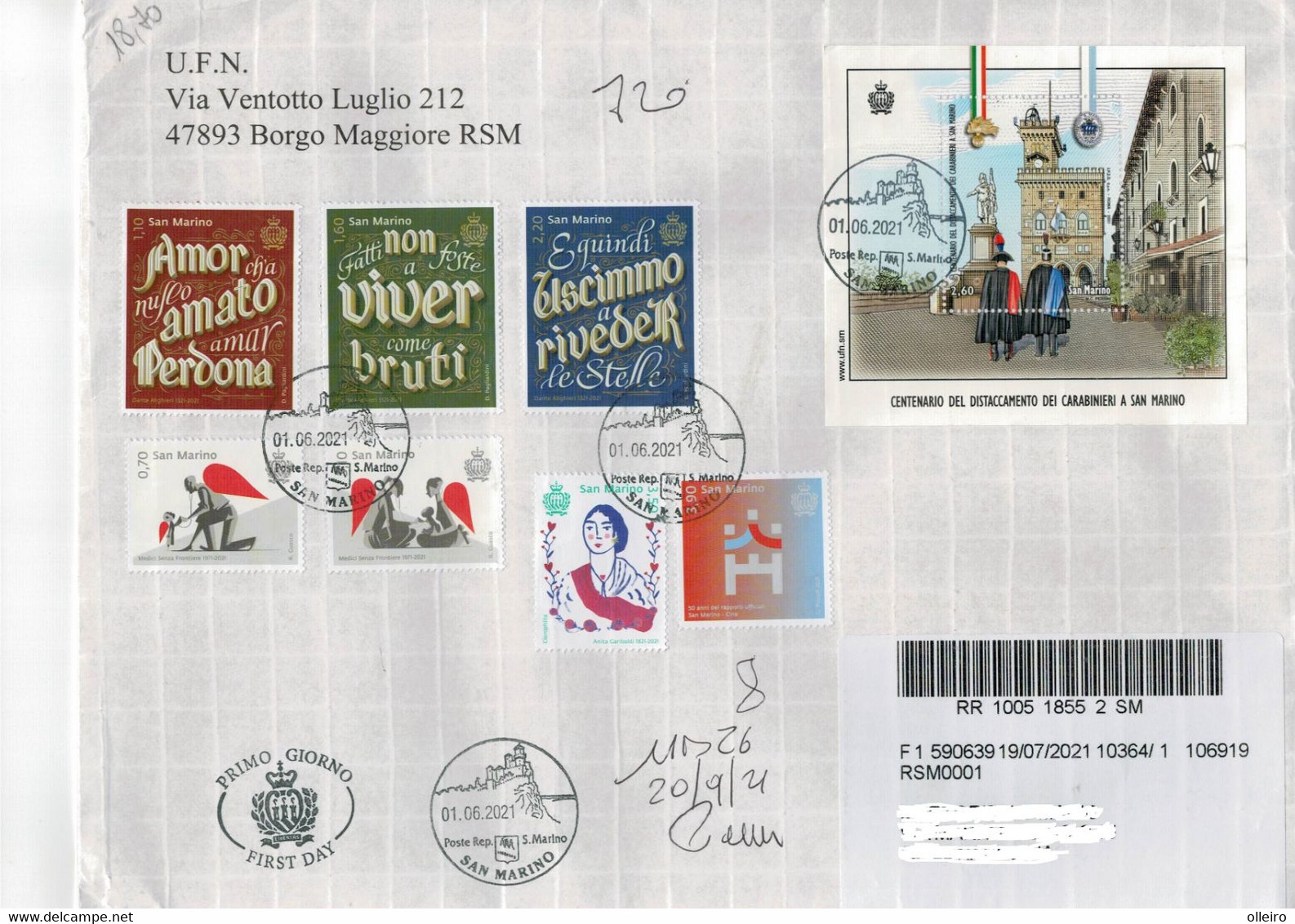 San Marino 2021 Busta FDC 700 Dante 50 Medici Senza Frontiere  Anita Garibaldi 50 Rapporti Cina-RSM - Carabinieri ° VFU - Used Stamps