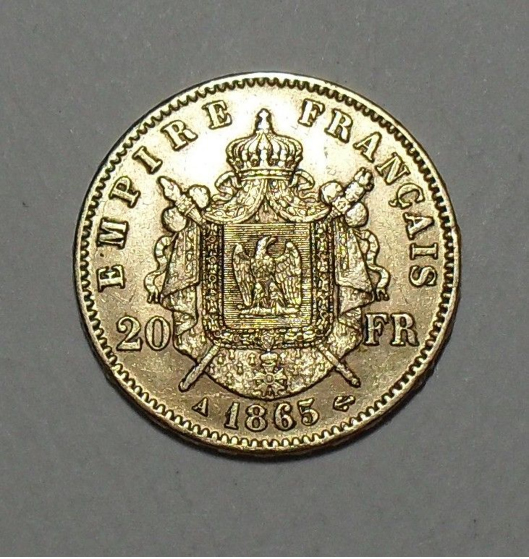 1865 - France - 20 FRANCS, NAPOLEON III, Tête Laurée, (A), Paris, Or, Second Empire, KM 801.1, Gad 1062 - Andere & Zonder Classificatie