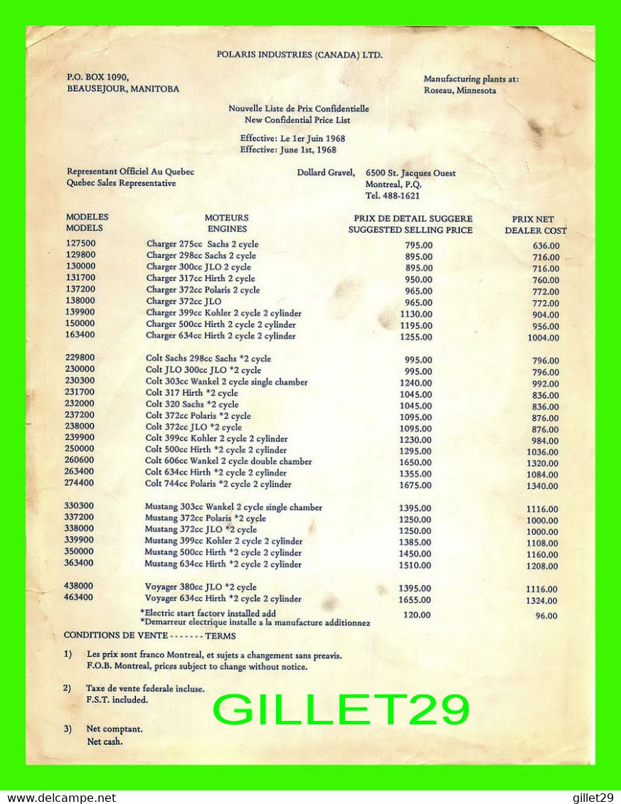 LISTE DE PRIX - POLARIS INDUSTRIES CANADA LTD - DES  MOTONEIGES DE 1968 AU CANADA  - SKIDOO - - Canada