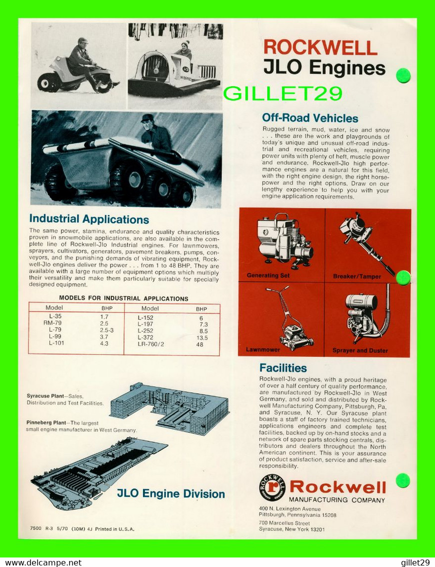 BROCHURE DE 1970 - ROCKWELL JLO ENGINES FOR SNOWMOBILE - 6 PAGES - DIMENSION 22 X 28 Cm - - Canada