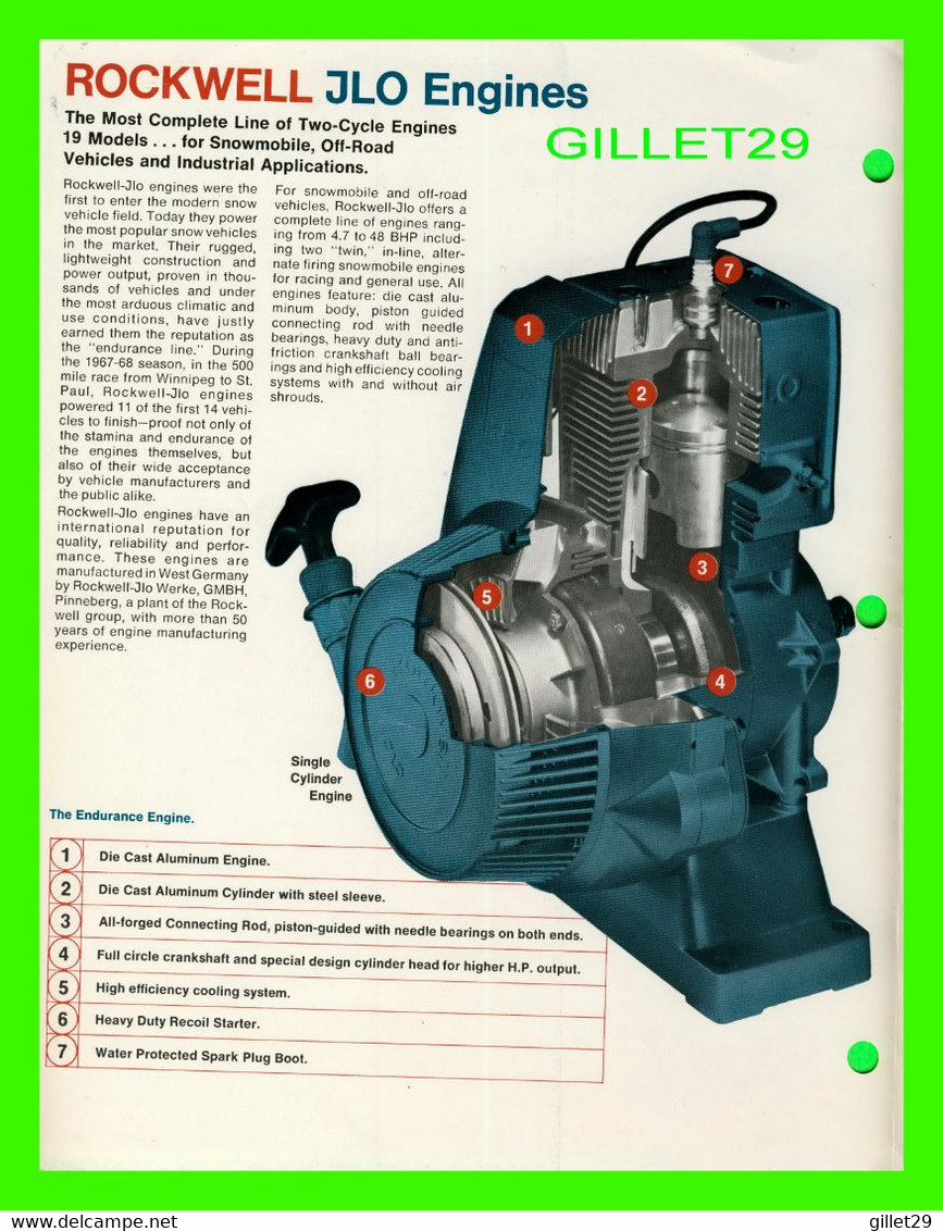 BROCHURE DE 1970 - ROCKWELL JLO ENGINES FOR SNOWMOBILE - 6 PAGES - DIMENSION 22 X 28 Cm - - Canadá