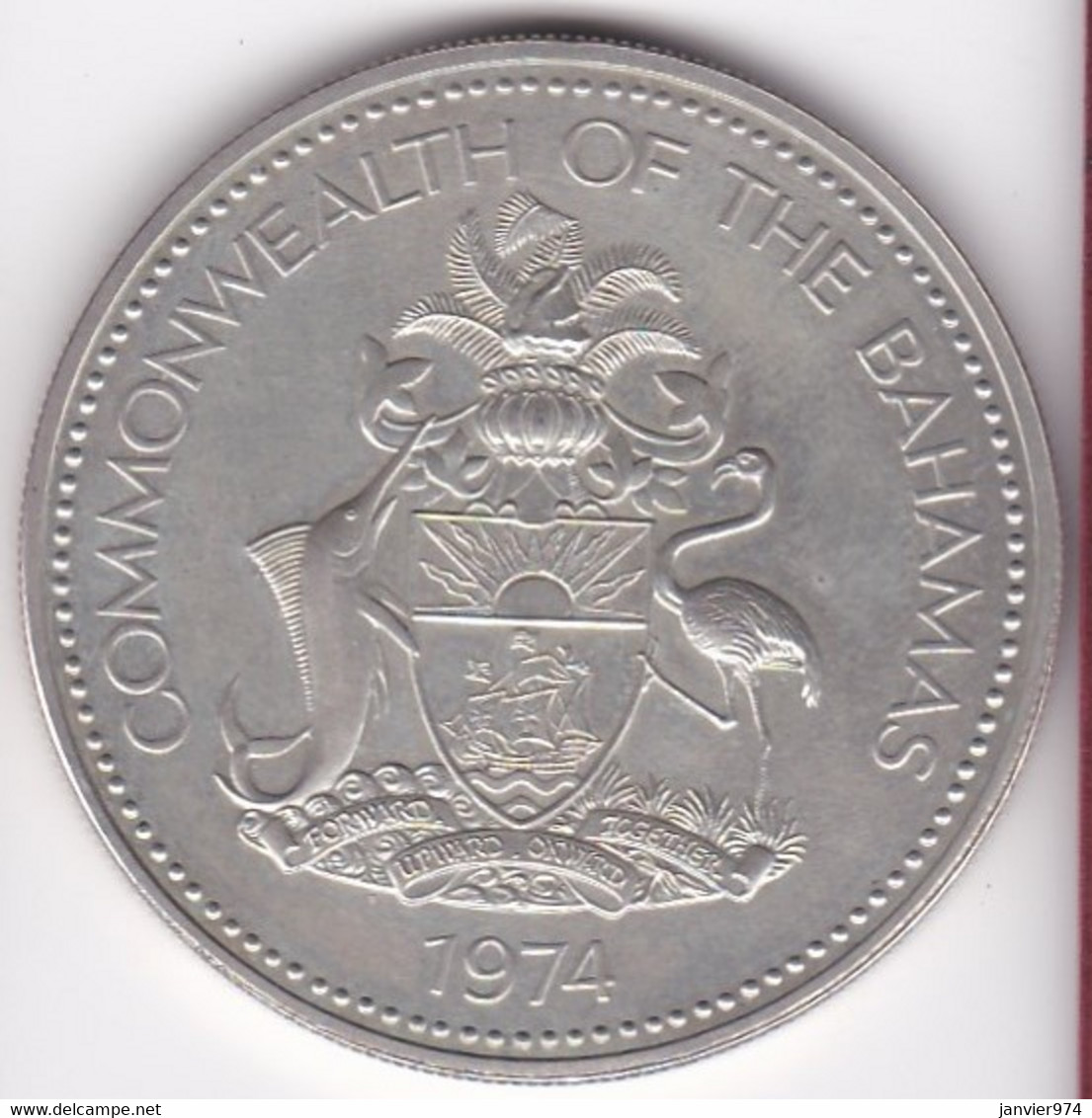 Bahamas 5 Dollars 1974 FM , Elizabeth II, Flan Bruni. En Argent,  KM# 67a - Bahamas