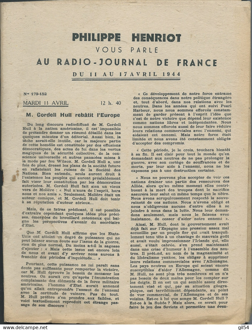 Fascicule De 24 Pages "Philippe Henriot Vous Parle Au Radio Journal De France , Du 11 Au 17/04/1944 -   Fau 11207 - Historische Documenten