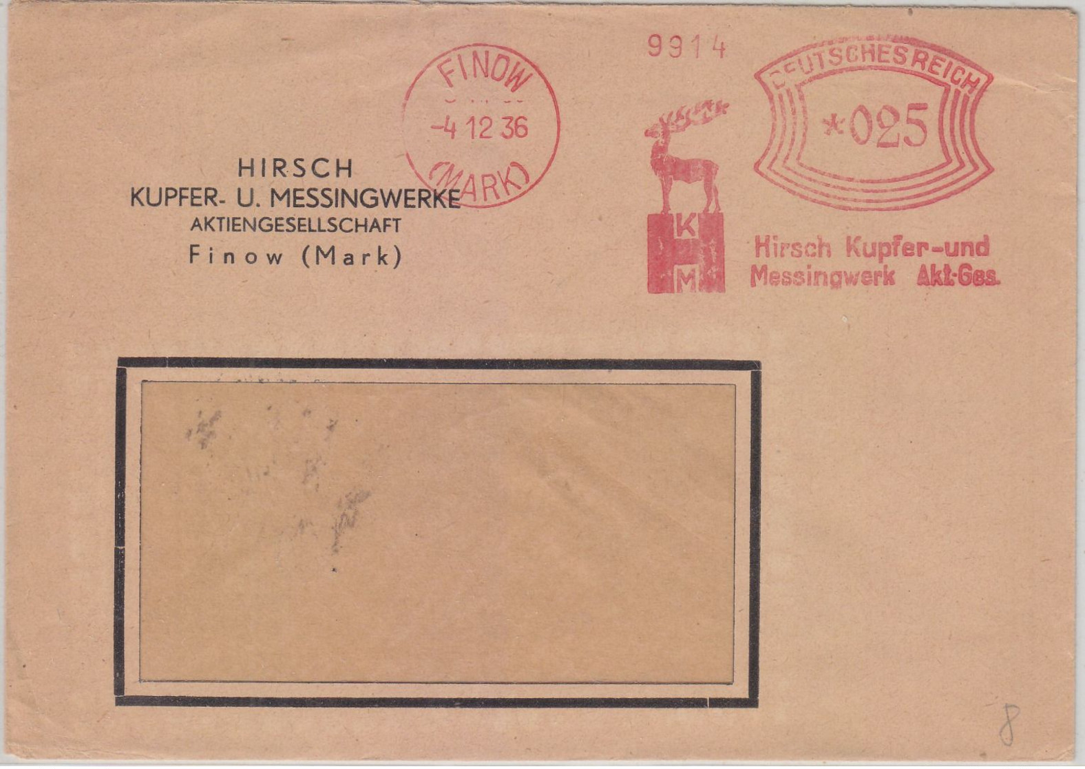 DR - Finow (Mark) 1936 25 Pfg. AFS Hirsch Kupfer- U. Messingwerk-AG Brief - Franking Machines (EMA)