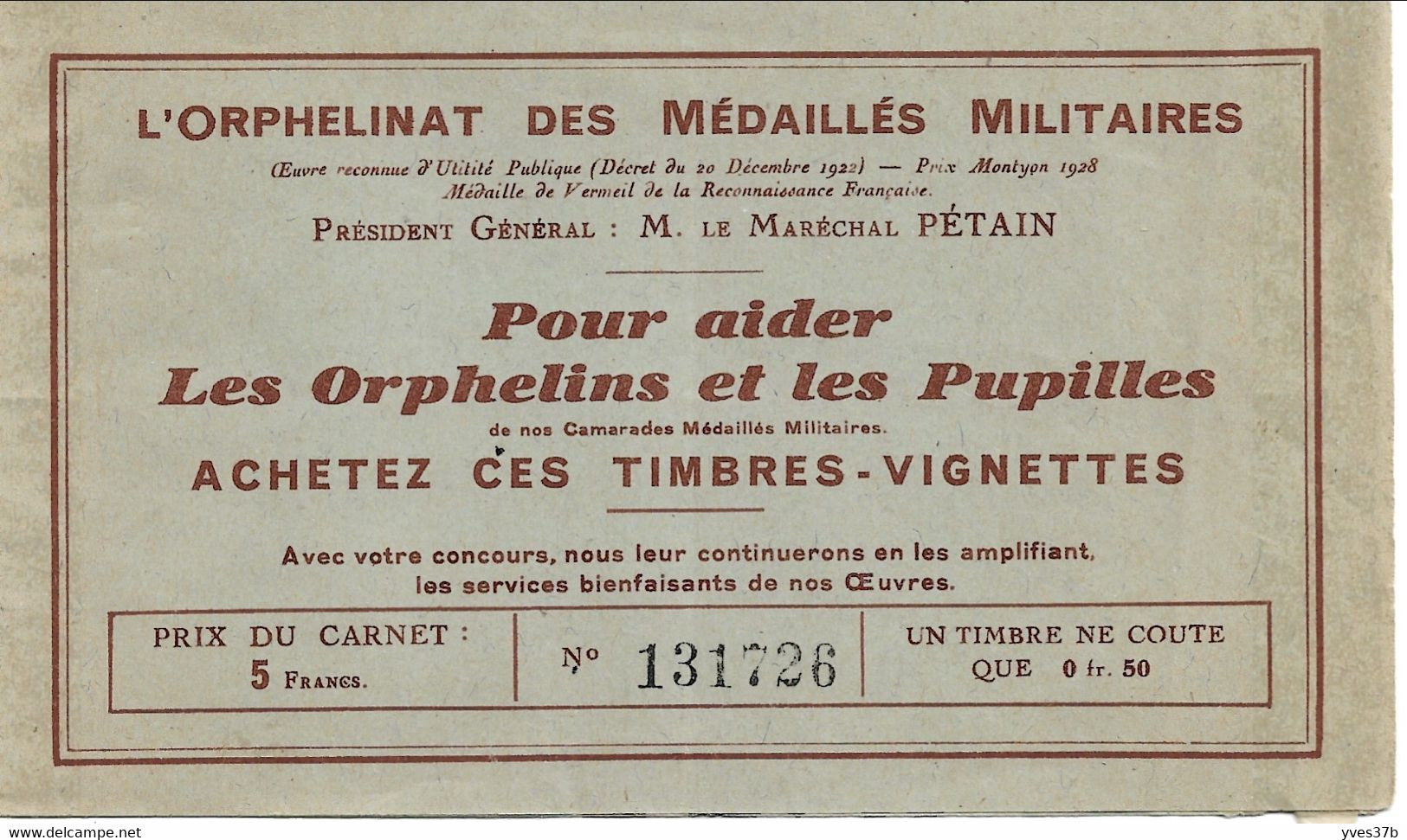 CARNET Incomplet 5 Vignettes "L'Orphelinat Des Médaillés Militaires" TTB - Blocchi & Libretti