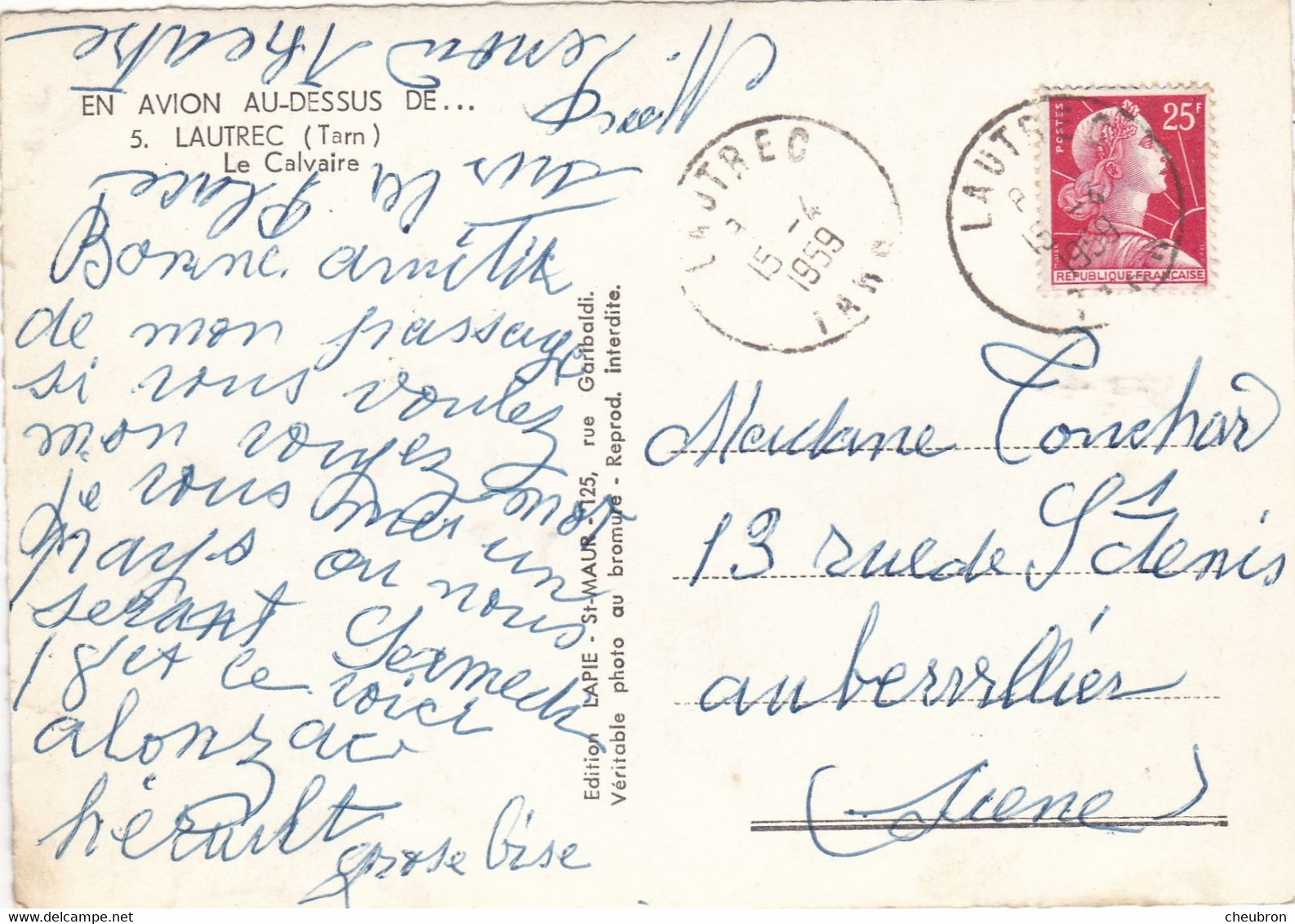 81. LAUTREC. CPSM. VUE AERIENNE. LE CALVAIRE. ANNEE 1959 + TEXTE - Lautrec