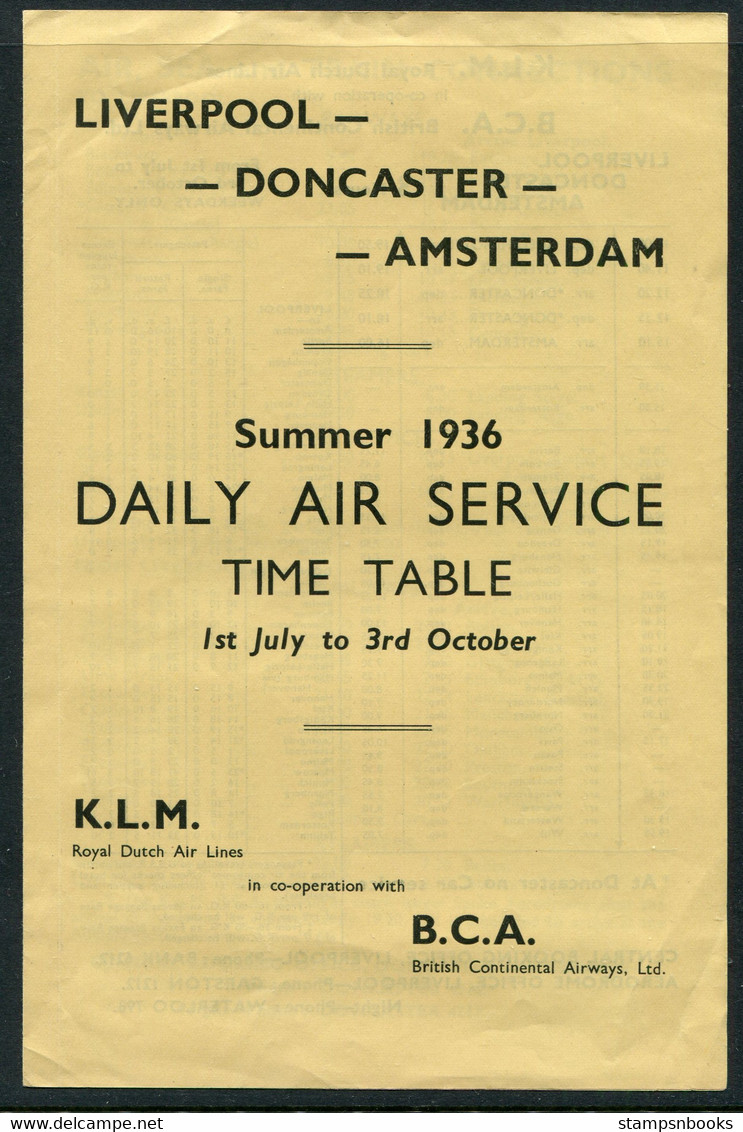 1936 Liverpool - Doncaster - Amsterdam KLM British Continental Airways, Daily Air Service Time Table - Europa